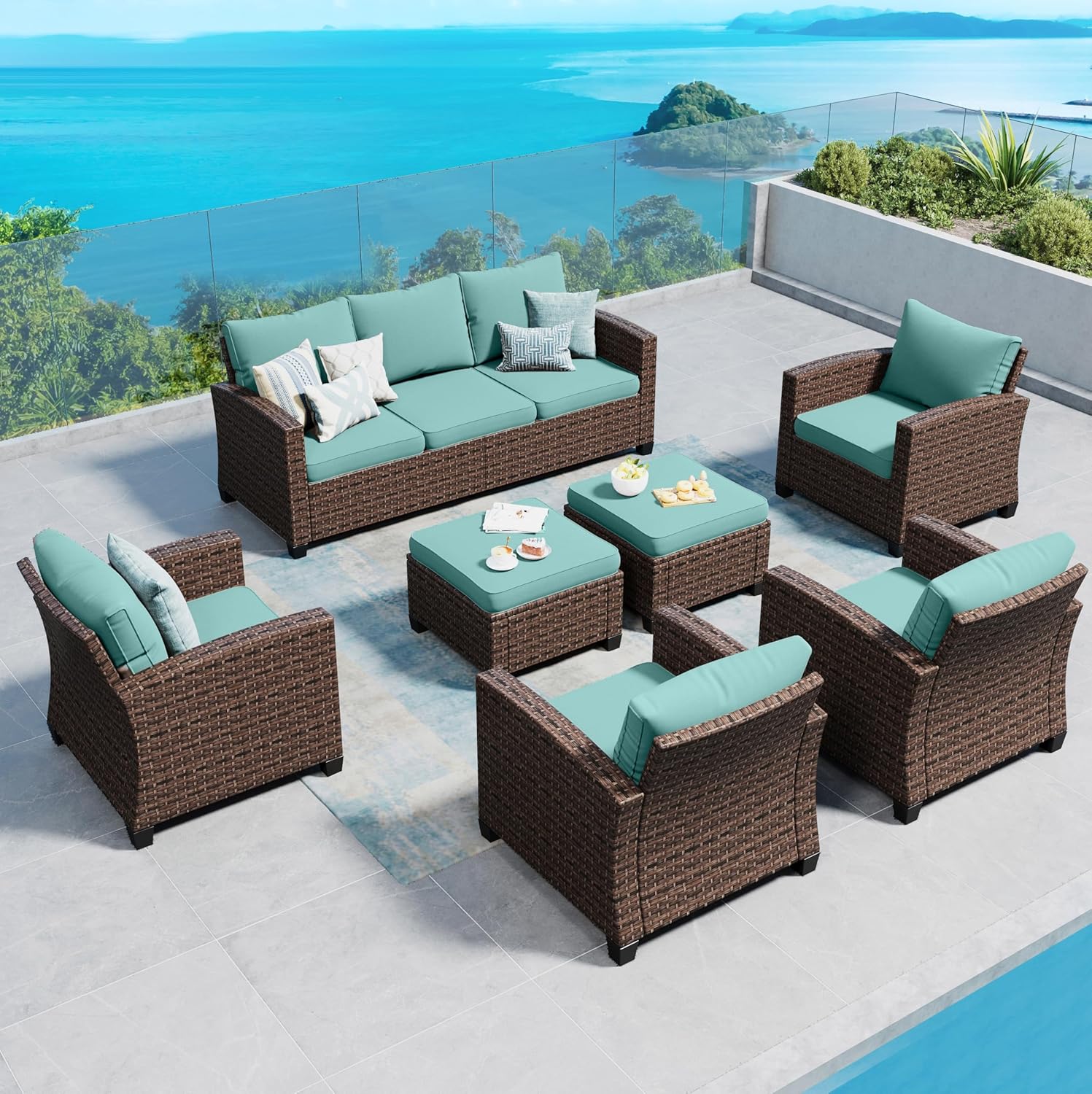 Swivel Glider Patio Furniture Set Outdoor Furniture Brown Wicker Rattan Patio Conversation Sets with Cushion Outside Sofa Set,5 Pieces with Rectangular Firepit Table,7 Seats,Beige