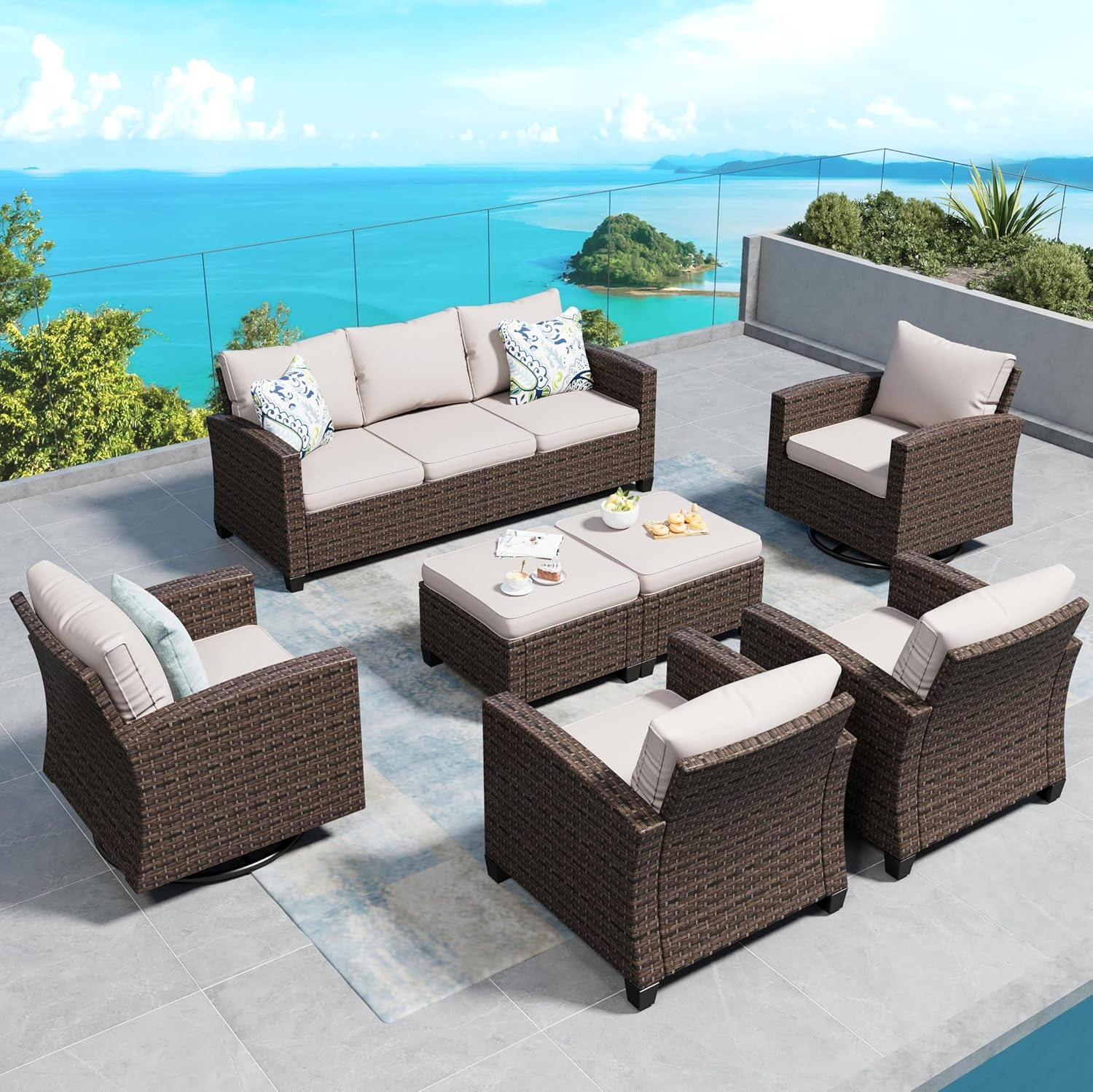 Swivel Glider Patio Furniture Set Outdoor Furniture Brown Wicker Rattan Patio Conversation Sets with Cushion Outside Sofa Set,5 Pieces with Rectangular Firepit Table,7 Seats,Beige