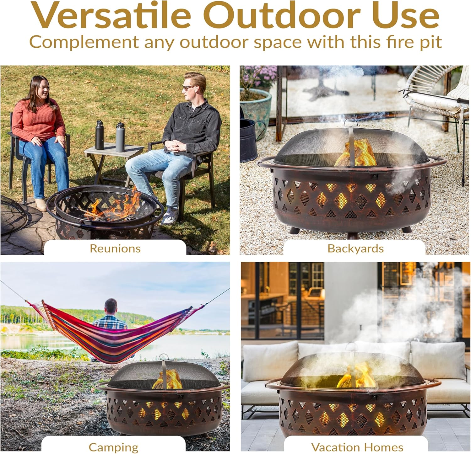 Sunnydaze Crossweave Outdoor Fire Pit - Wood-Burning Fire Pit for Outside with Spark Screen, Poker and Round Cover - 36-Inch - Bronze