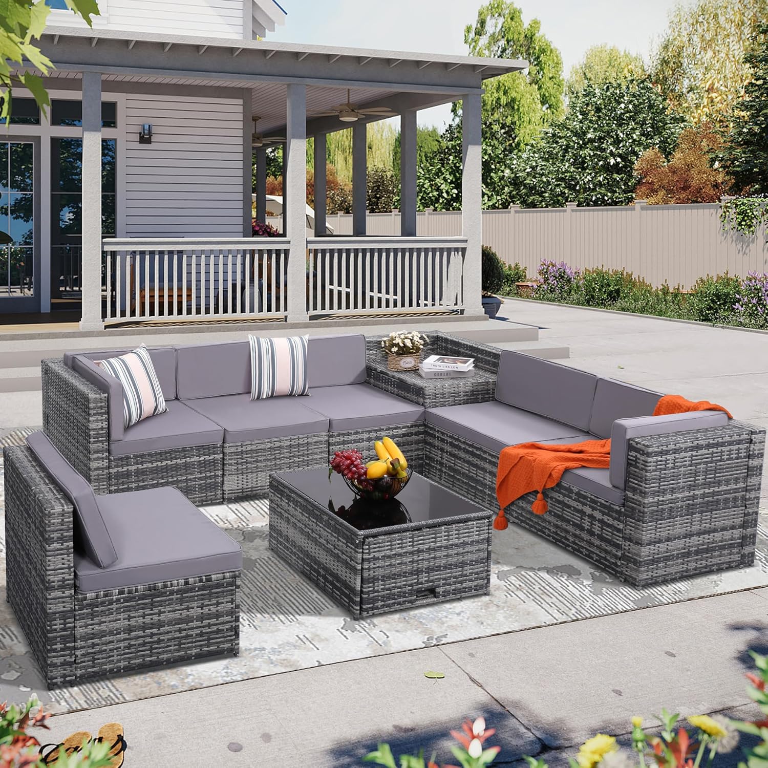 8 Pieces Outdoor Wicker Rattan Patio Furniture Sectional Set, Glass Top Table with Hidden Storage, 7 Sofa Sections, Oversized Cushions, Natural Color Rattan with Black Cushion