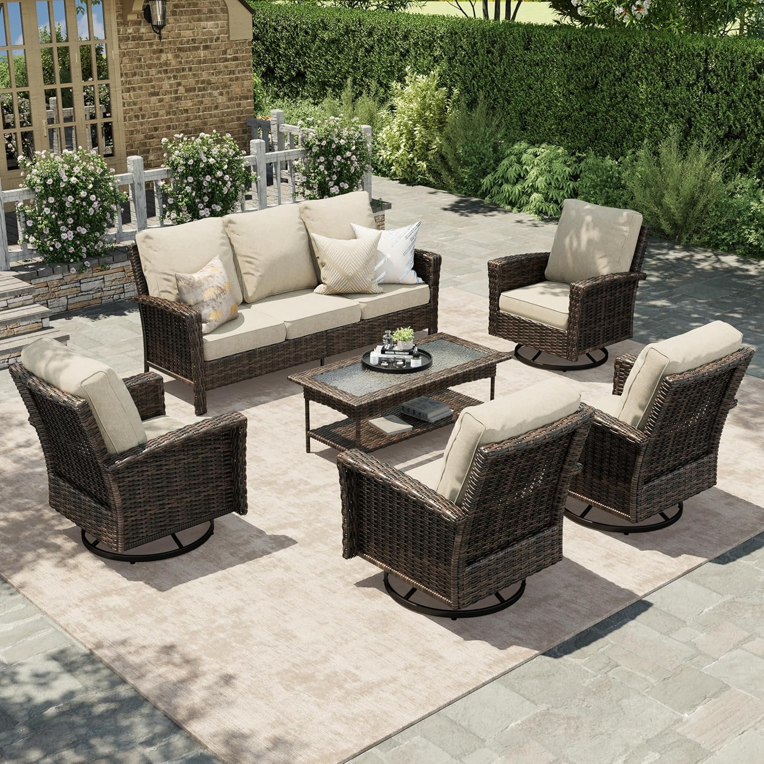 HERA'S HOUSE Patio Furniture Set with Swivel Chairs, High Back Outdoor Wicker Furniture with 5.5" Thick Cushions, Outside Conversation Sofa Sets for Backyard Deck Lawn, Beige