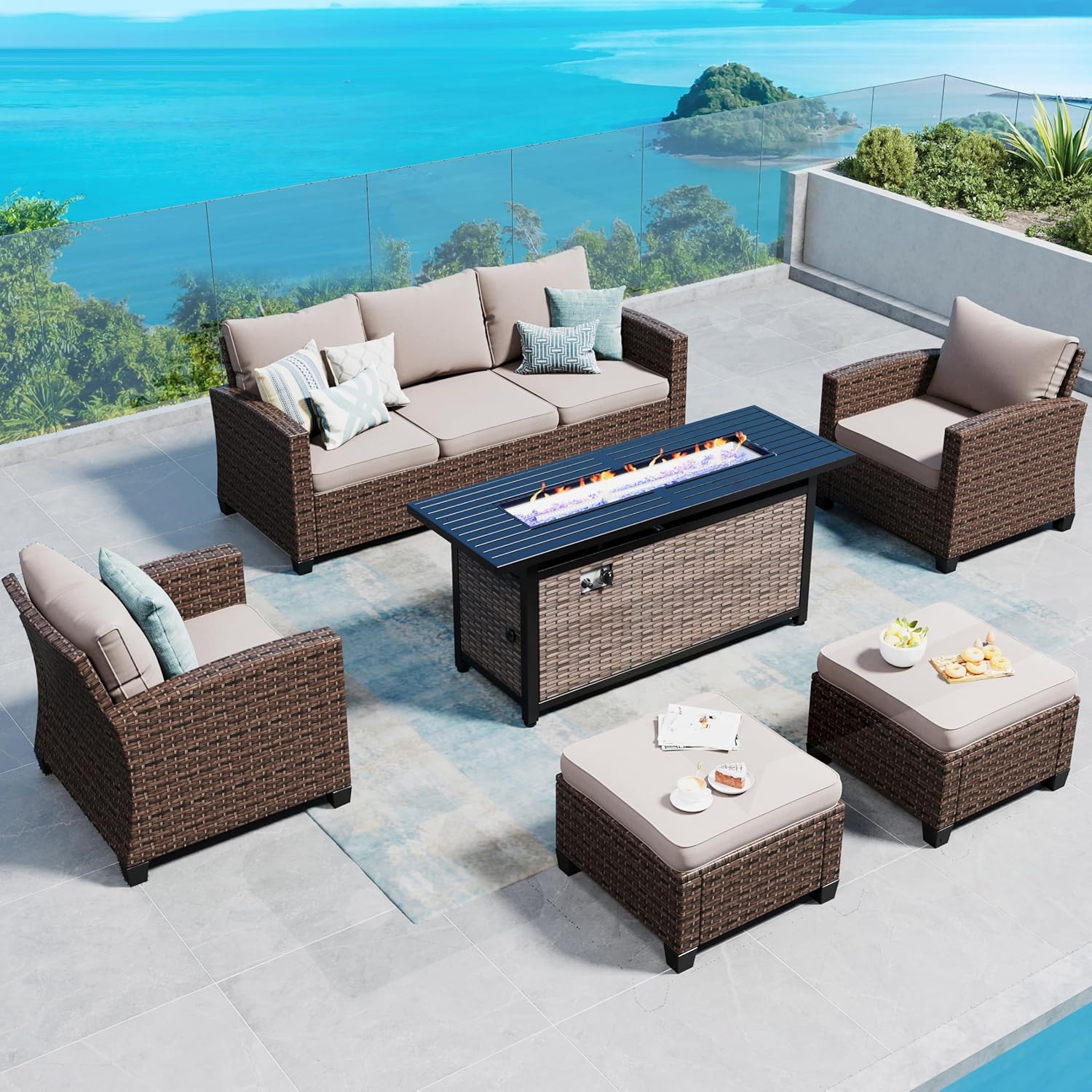 Swivel Glider Patio Furniture Set Outdoor Furniture Brown Wicker Rattan Patio Conversation Sets with Cushion Outside Sofa Set,5 Pieces with Rectangular Firepit Table,7 Seats,Beige