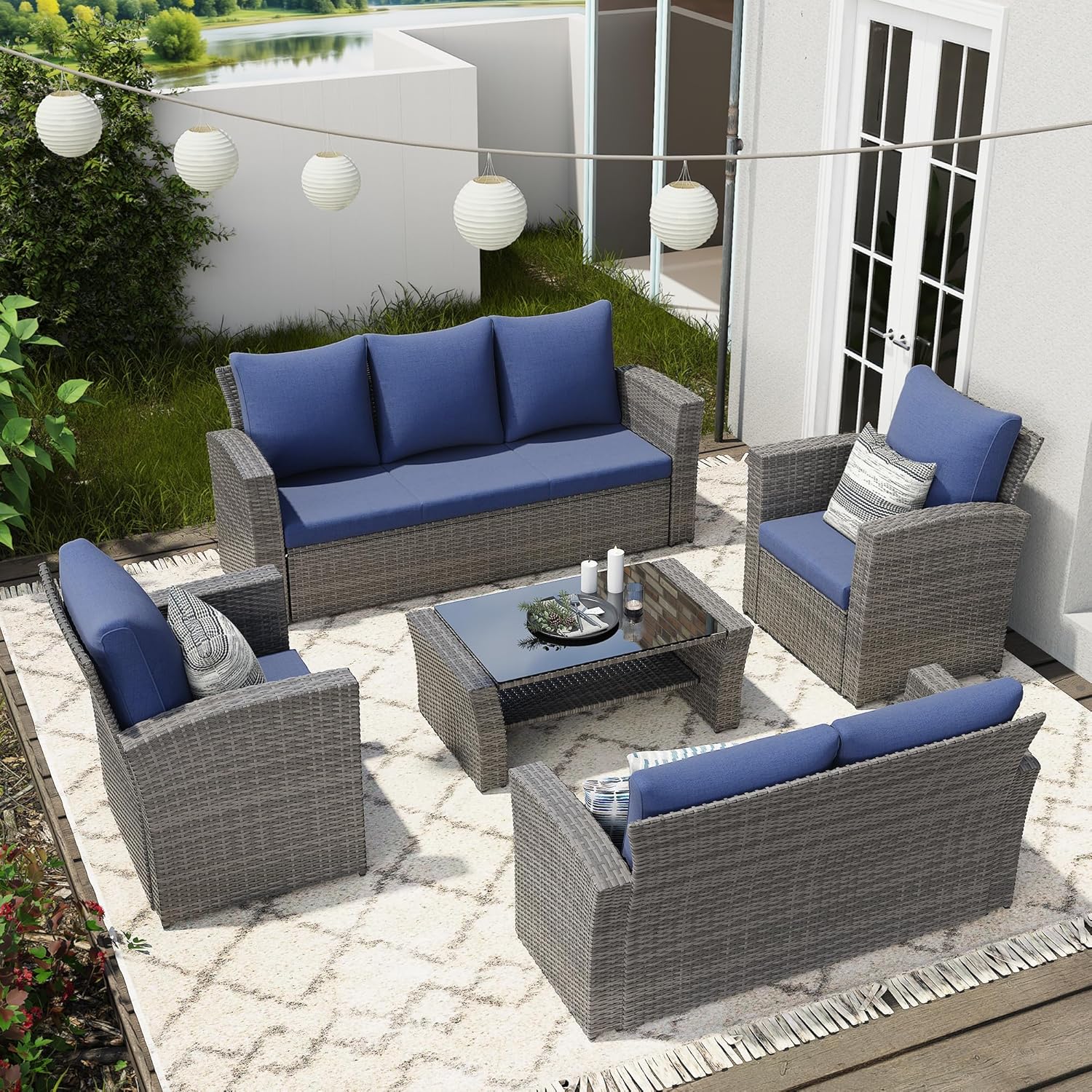 Wisteria Lane 4 Piece Patio Furniture Set, Wicker Outdoor Patio Conversation Furniture Set, All Weather Outdoor Patio Sofa with Cushion and Glass Table, Brown