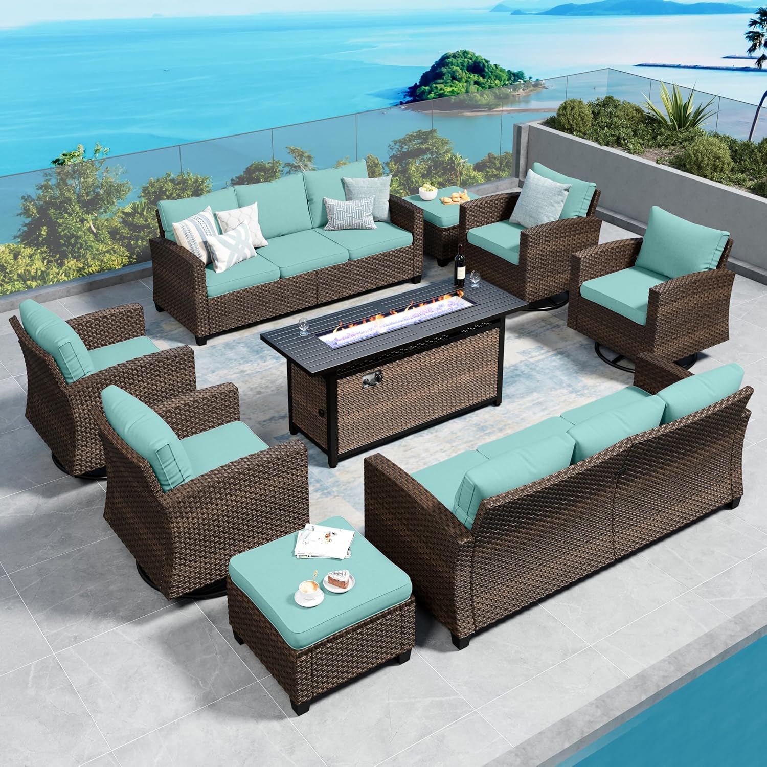 Swivel Glider Patio Furniture Set Outdoor Furniture Brown Wicker Rattan Patio Conversation Sets with Cushion Outside Sofa Set,5 Pieces with Rectangular Firepit Table,7 Seats,Beige