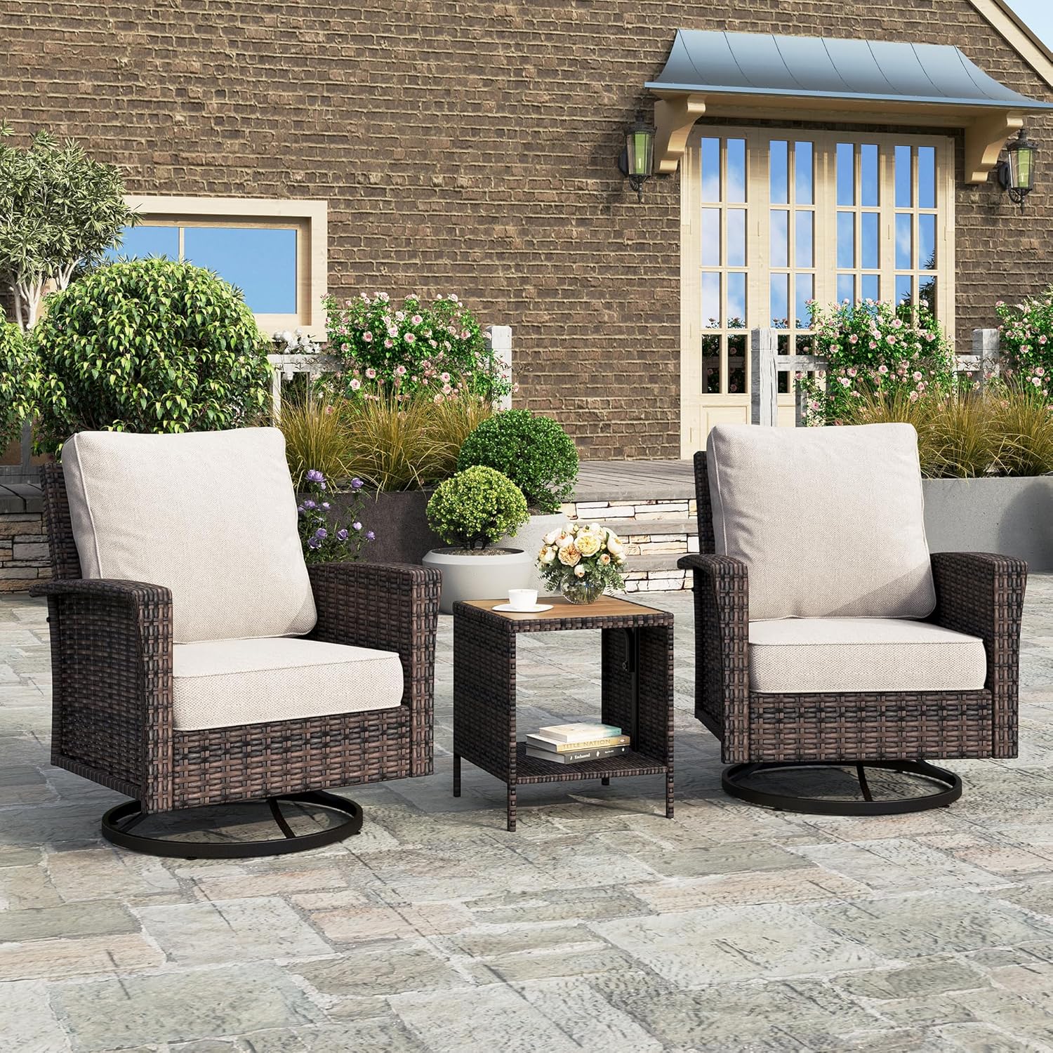 HERA'S HOUSE Patio Furniture Set with Swivel Chairs, High Back Outdoor Wicker Furniture with 5.5" Thick Cushions, Outside Conversation Sofa Sets for Backyard Deck Lawn, Beige