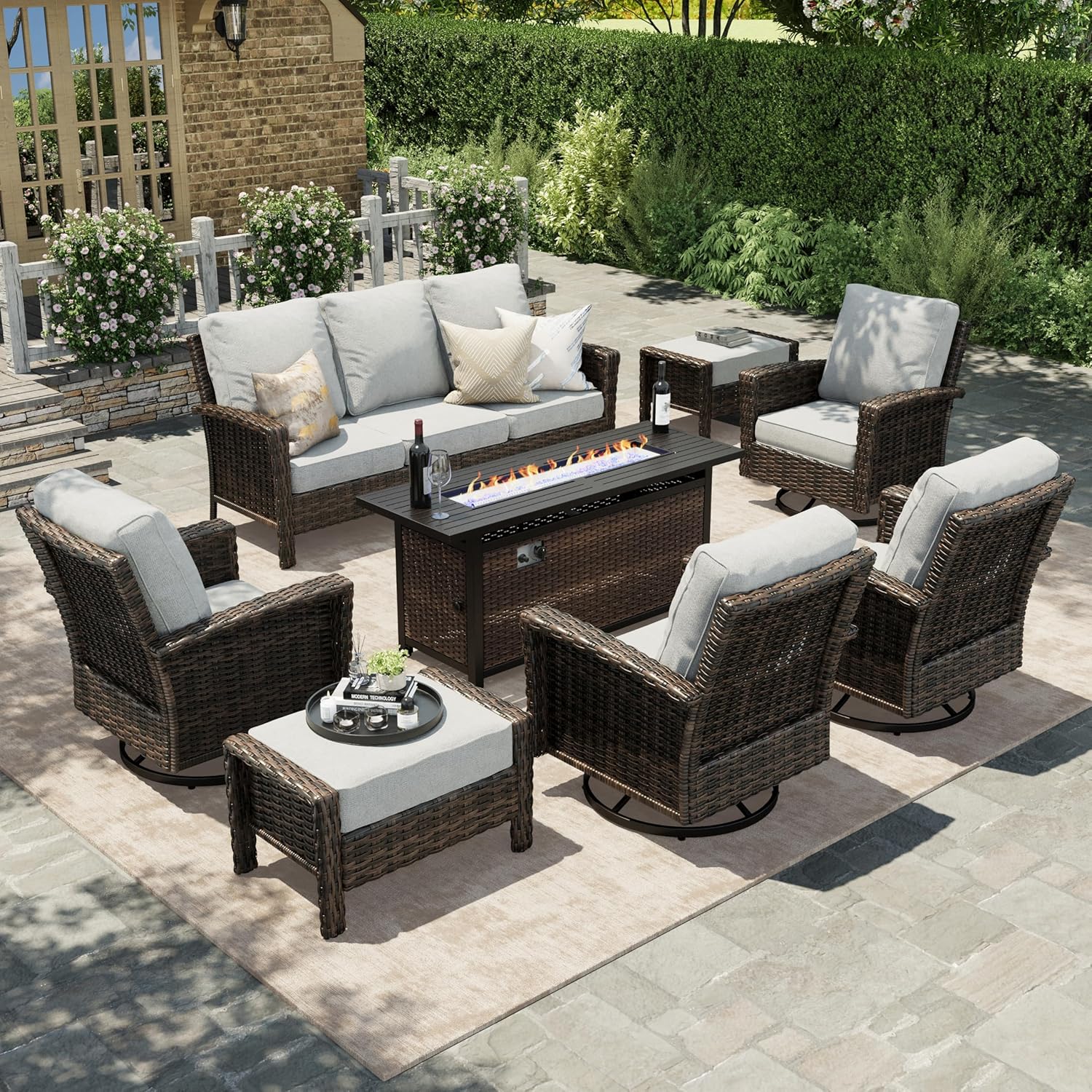 HERA'S HOUSE Patio Furniture Set with Swivel Chairs, High Back Outdoor Wicker Furniture with 5.5" Thick Cushions, Outside Conversation Sofa Sets for Backyard Deck Lawn, Beige