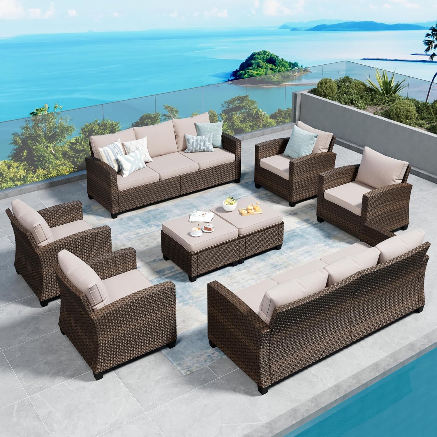 Swivel Glider Patio Furniture Set Outdoor Furniture Brown Wicker Rattan Patio Conversation Sets with Cushion Outside Sofa Set,5 Pieces with Rectangular Firepit Table,7 Seats,Beige