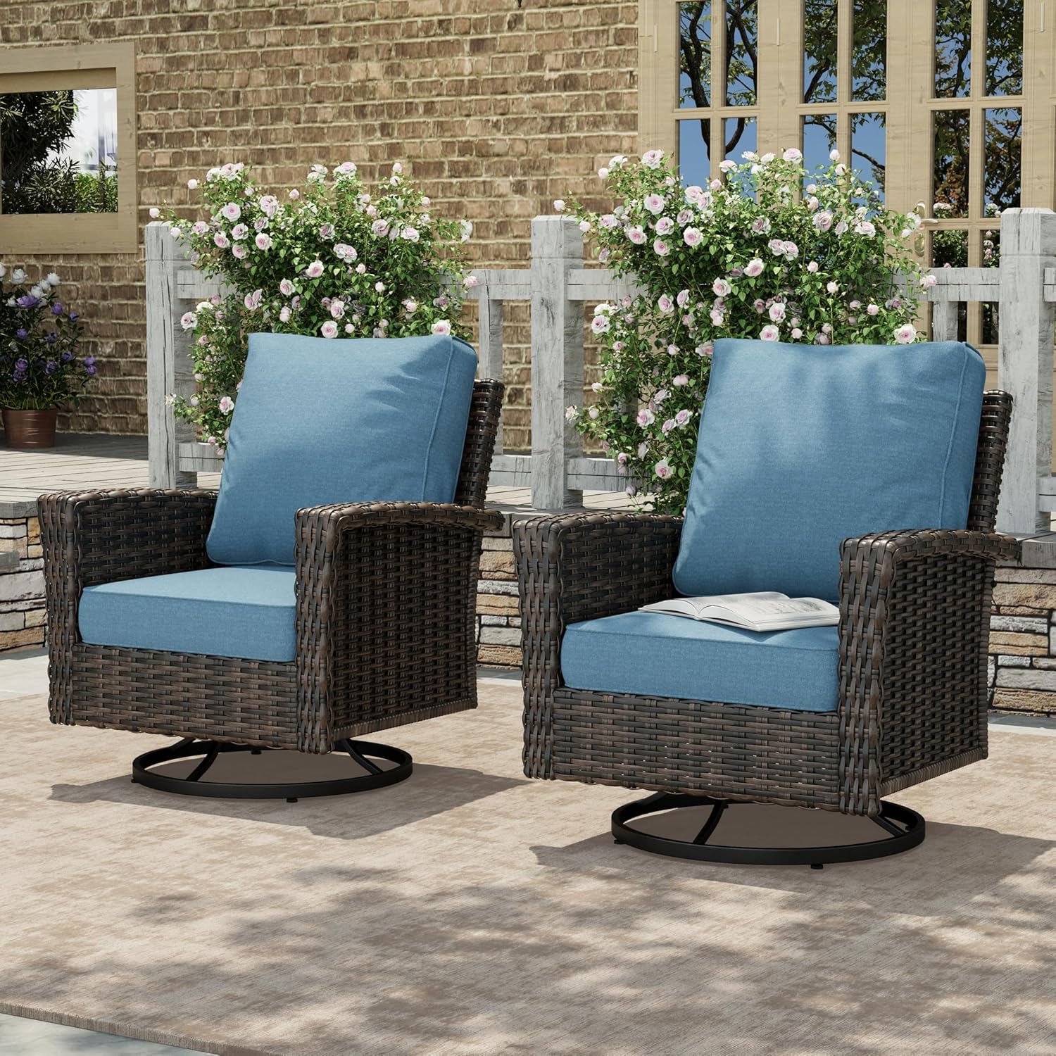 HERA'S HOUSE Patio Furniture Set with Swivel Chairs, High Back Outdoor Wicker Furniture with 5.5" Thick Cushions, Outside Conversation Sofa Sets for Backyard Deck Lawn, Beige