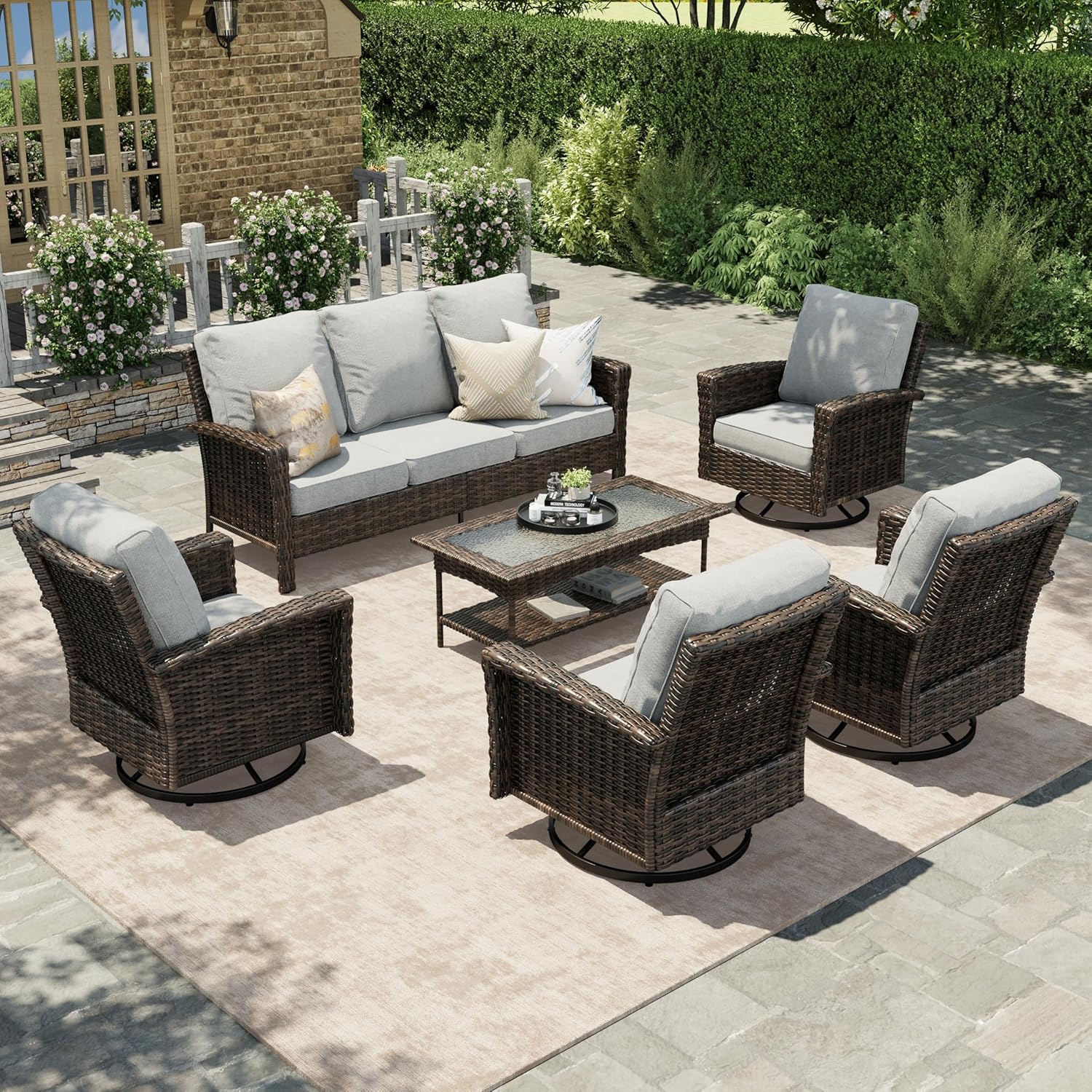 HERA'S HOUSE Patio Furniture Set with Swivel Chairs, High Back Outdoor Wicker Furniture with 5.5" Thick Cushions, Outside Conversation Sofa Sets for Backyard Deck Lawn, Beige