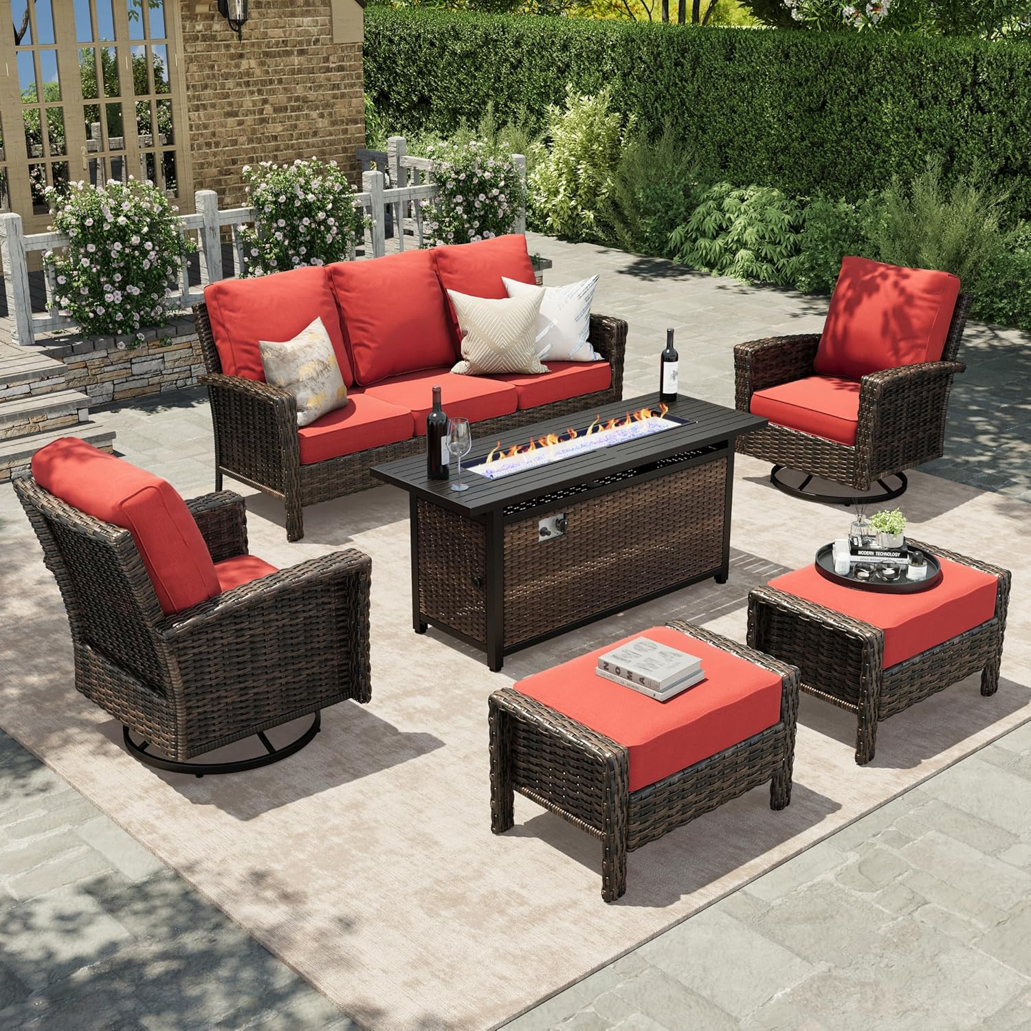 HERA'S HOUSE Patio Furniture Set with Swivel Chairs, High Back Outdoor Wicker Furniture with 5.5" Thick Cushions, Outside Conversation Sofa Sets for Backyard Deck Lawn, Beige