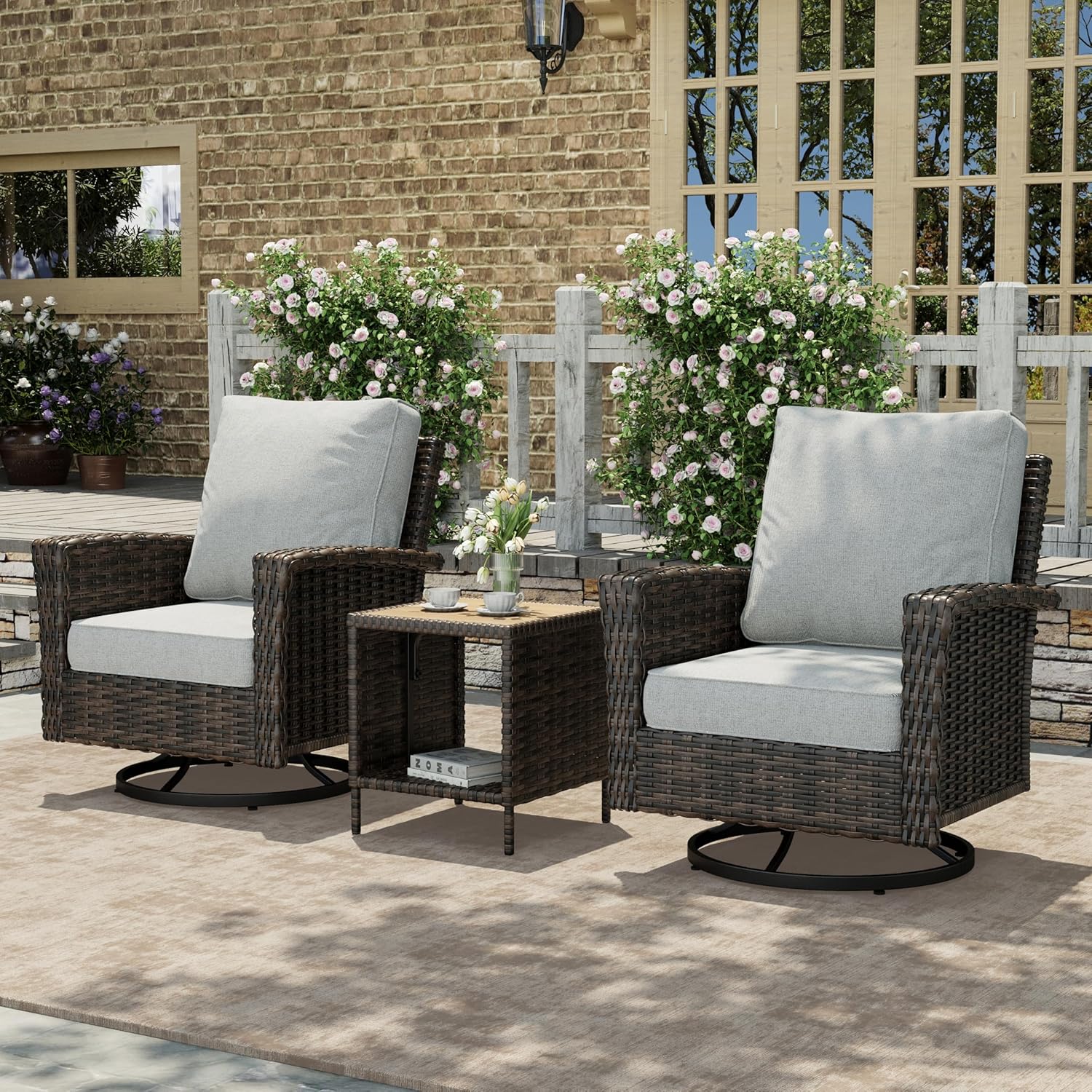 HERA'S HOUSE Patio Furniture Set with Swivel Chairs, High Back Outdoor Wicker Furniture with 5.5" Thick Cushions, Outside Conversation Sofa Sets for Backyard Deck Lawn, Beige