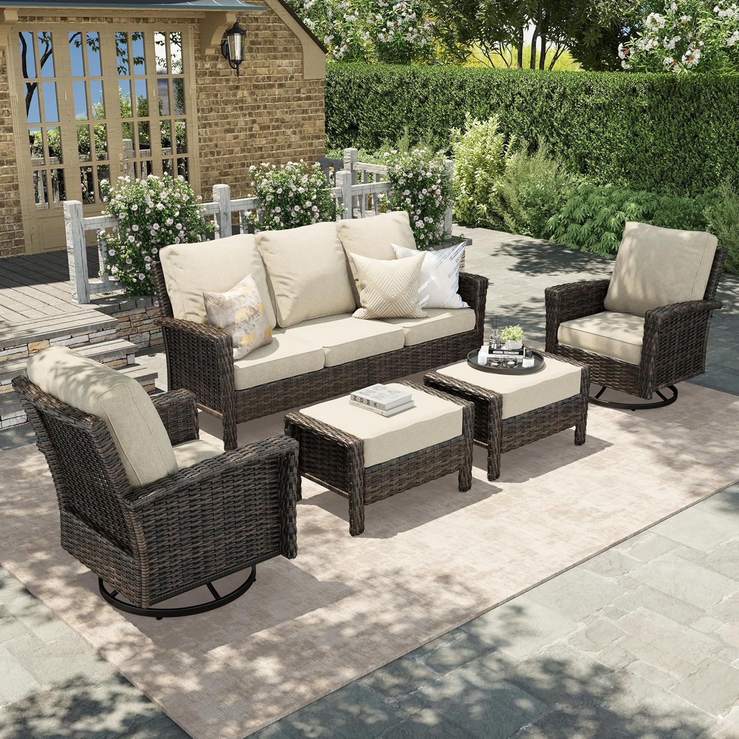 HERA'S HOUSE Patio Furniture Set with Swivel Chairs, High Back Outdoor Wicker Furniture with 5.5" Thick Cushions, Outside Conversation Sofa Sets for Backyard Deck Lawn, Beige