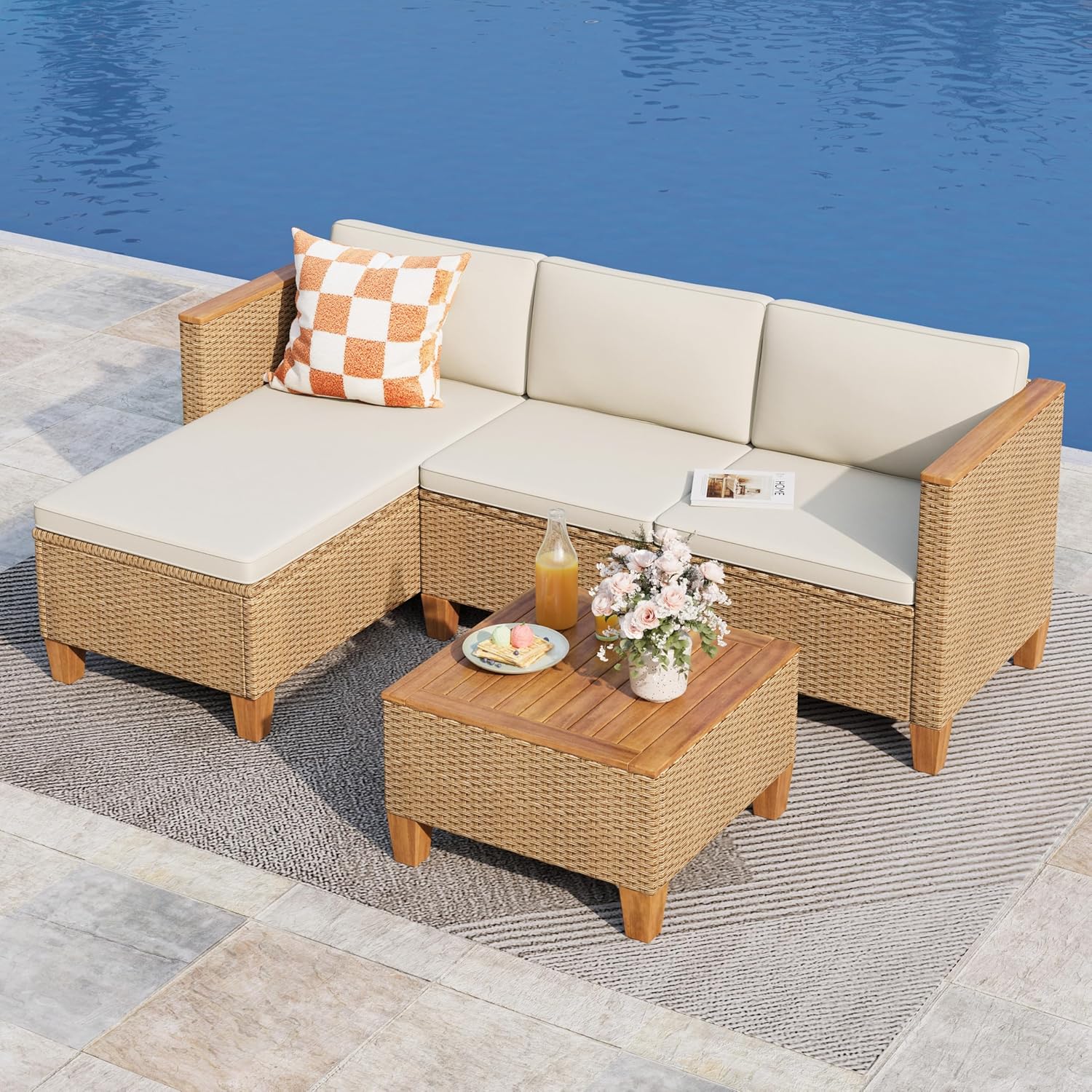 Wicker Outdoor Patio Furniture Set 3 Pieces Patio Chaise Longue Conversation Set, Rattan L-Shaped Sofa Couch with Acacia Wood Coffee Table for Deck Porch and Garden