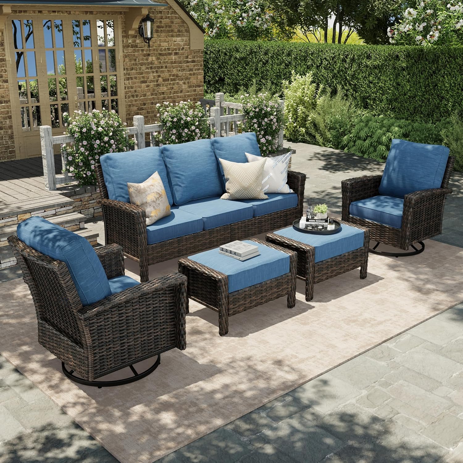 HERA'S HOUSE Patio Furniture Set with Swivel Chairs, High Back Outdoor Wicker Furniture with 5.5" Thick Cushions, Outside Conversation Sofa Sets for Backyard Deck Lawn, Beige