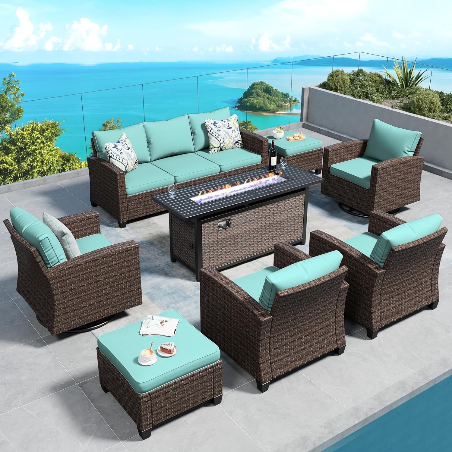 Swivel Glider Patio Furniture Set Outdoor Furniture Brown Wicker Rattan Patio Conversation Sets with Cushion Outside Sofa Set,5 Pieces with Rectangular Firepit Table,7 Seats,Beige