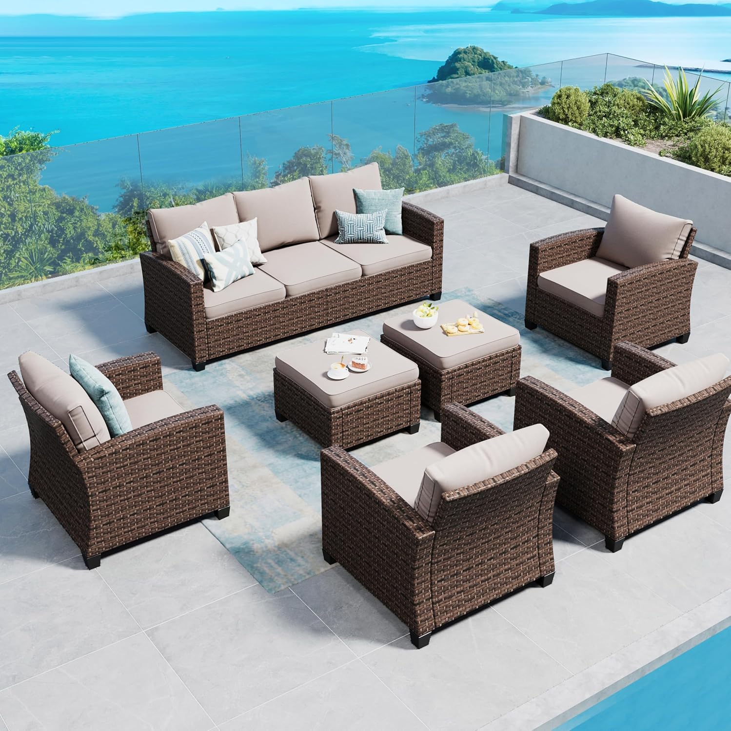 Swivel Glider Patio Furniture Set Outdoor Furniture Brown Wicker Rattan Patio Conversation Sets with Cushion Outside Sofa Set,5 Pieces with Rectangular Firepit Table,7 Seats,Beige