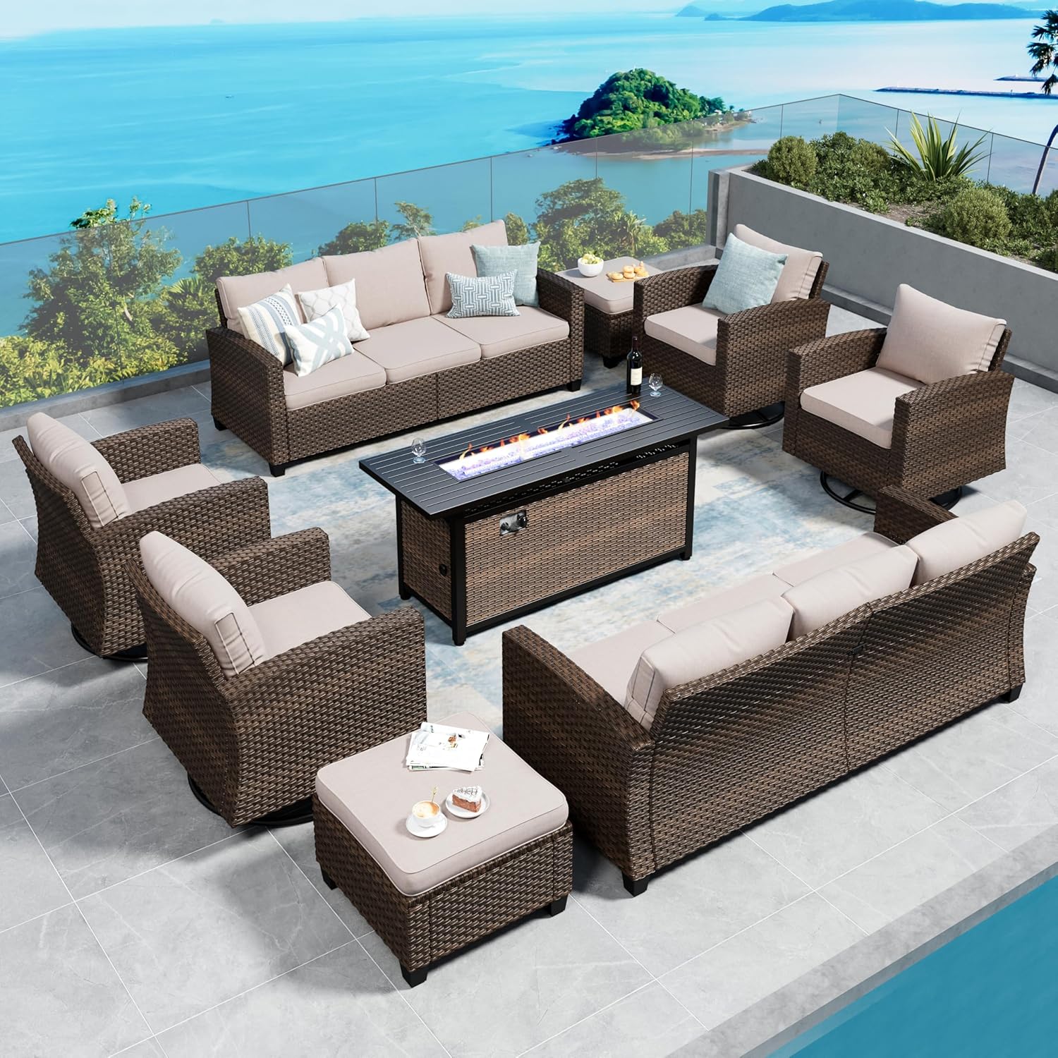 Swivel Glider Patio Furniture Set Outdoor Furniture Brown Wicker Rattan Patio Conversation Sets with Cushion Outside Sofa Set,5 Pieces with Rectangular Firepit Table,7 Seats,Beige