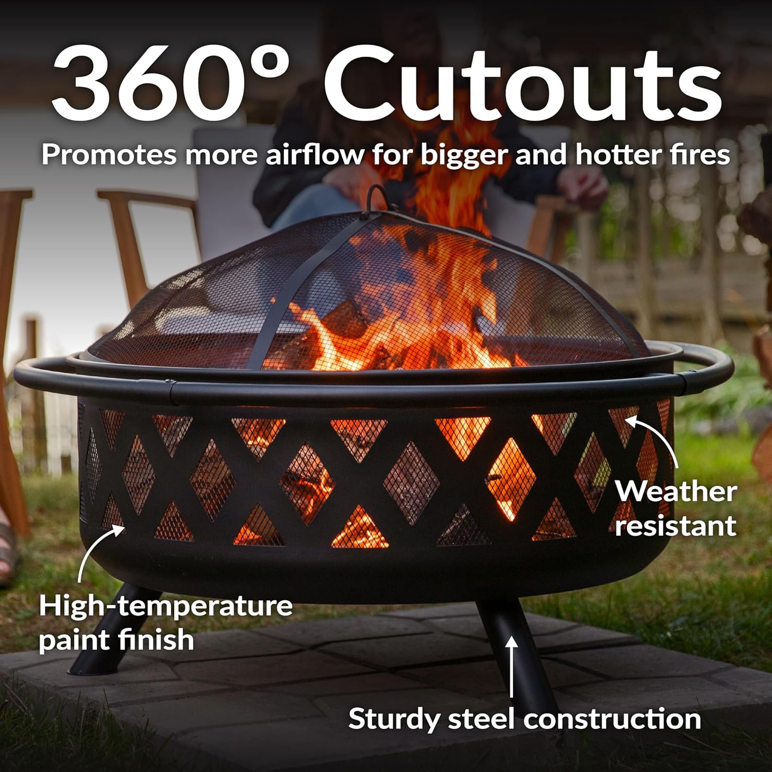 Sunnydaze Crossweave Outdoor Fire Pit - Wood-Burning Fire Pit for Outside with Spark Screen, Poker and Round Cover - 36-Inch - Black