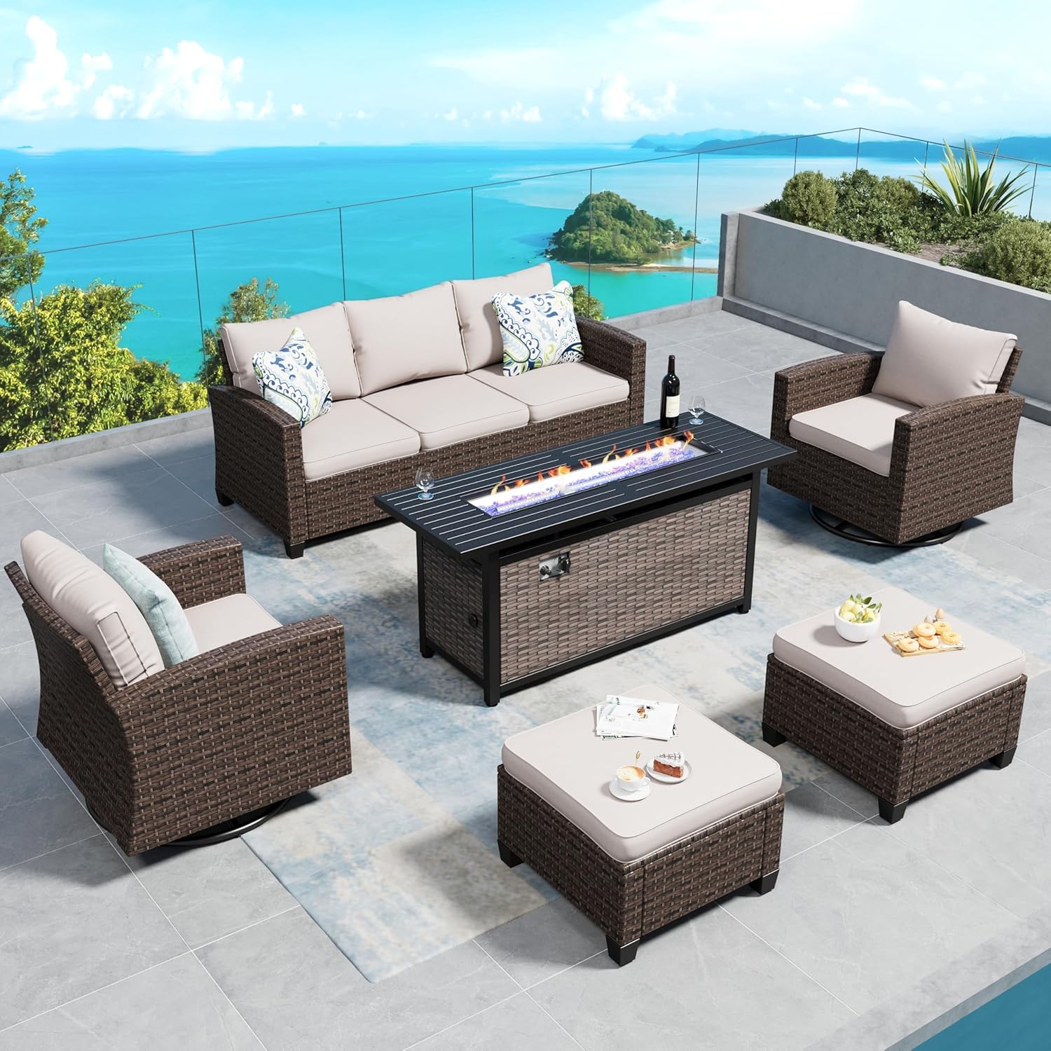 Swivel Glider Patio Furniture Set Outdoor Furniture Brown Wicker Rattan Patio Conversation Sets with Cushion Outside Sofa Set,5 Pieces with Rectangular Firepit Table,7 Seats,Beige