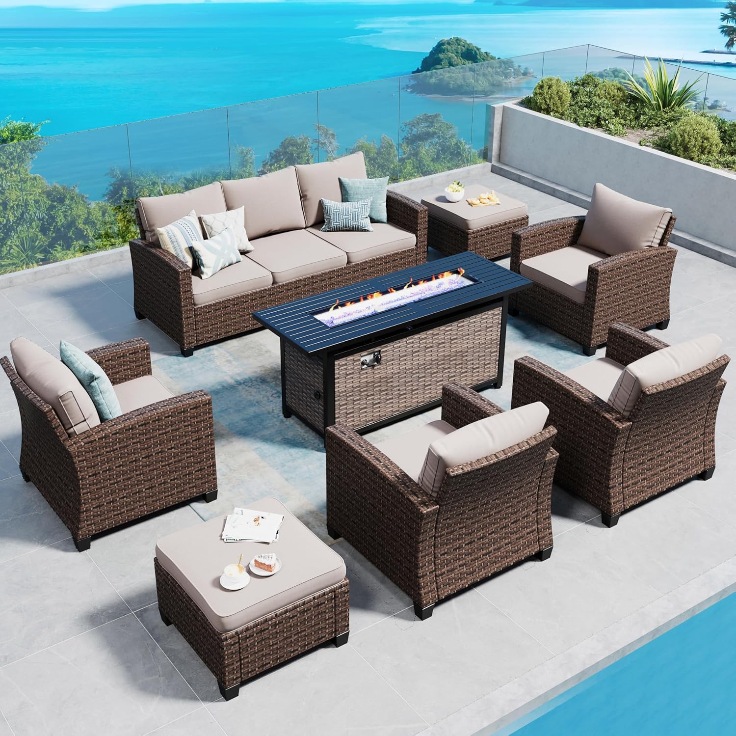 Swivel Glider Patio Furniture Set Outdoor Furniture Brown Wicker Rattan Patio Conversation Sets with Cushion Outside Sofa Set,5 Pieces with Rectangular Firepit Table,7 Seats,Beige