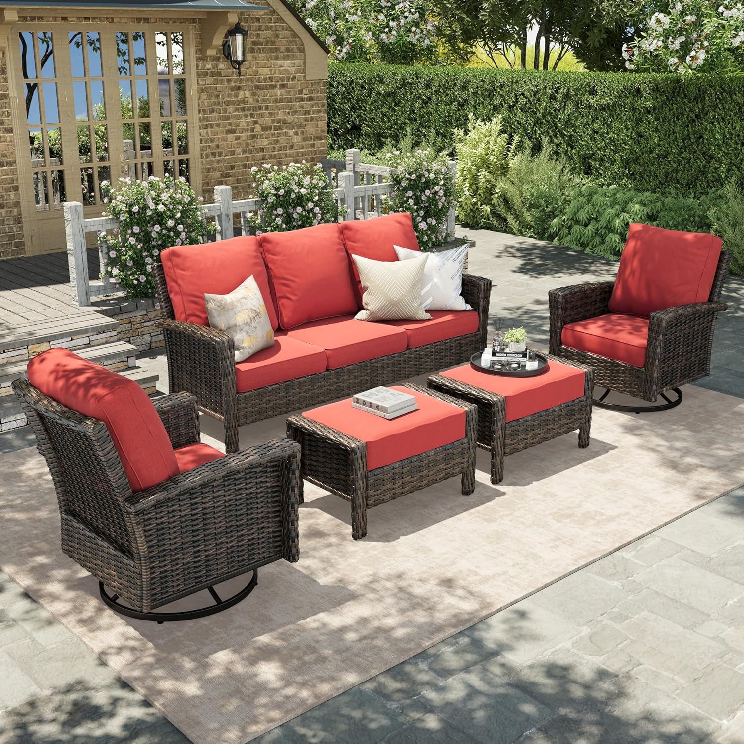 HERA'S HOUSE Patio Furniture Set with Swivel Chairs, High Back Outdoor Wicker Furniture with 5.5" Thick Cushions, Outside Conversation Sofa Sets for Backyard Deck Lawn, Beige