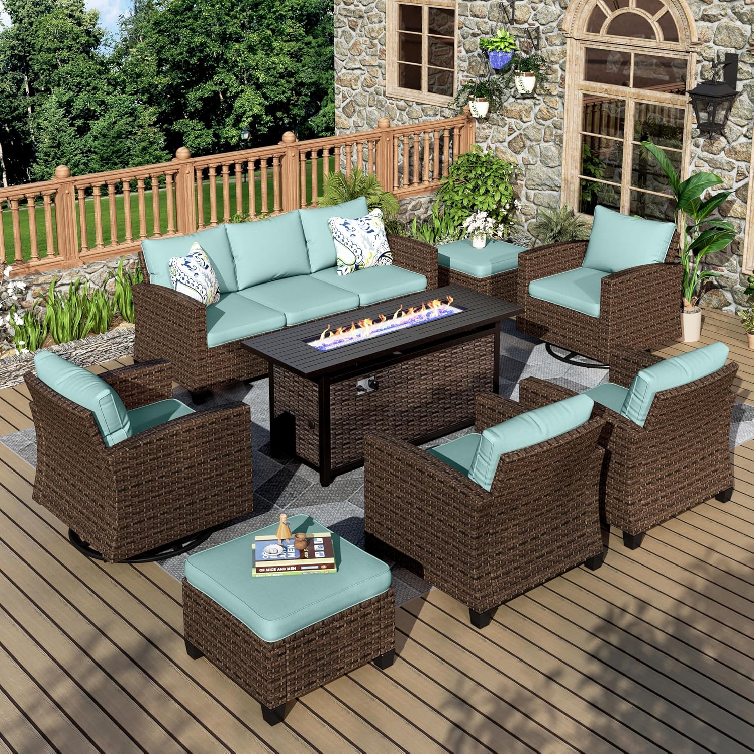 Patio Furniture Set, 8 Pcs Wicker Rattan Outdoor Conversation Set, 4 x Leg Chairs, 1 x 3 Seater Sofa and 2 x Ottoman with 4" Thick Cushion and 56" Fire Pit Table, Beige