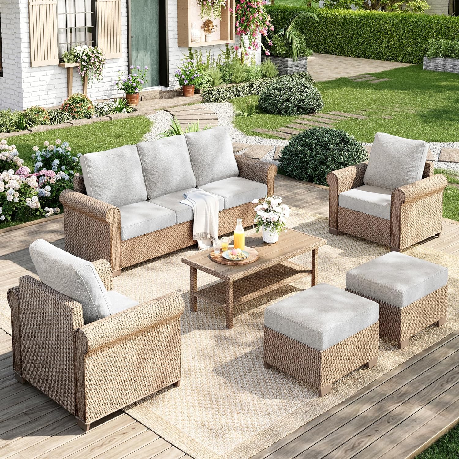 Patio Furniture Set 4 pcs, Wicker Outdoor Patio Furniture, 3-Seat Sofa, 2 Single Chairs and Coffee Table, Rattan Patio Conversation Set for Backyard Deck, Beige