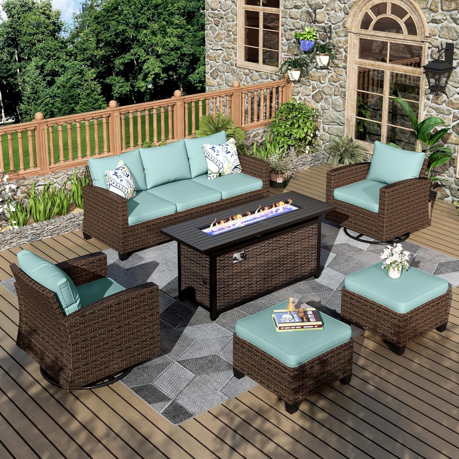 Patio Furniture Set, 8 Pcs Wicker Rattan Outdoor Conversation Set, 4 x Leg Chairs, 1 x 3 Seater Sofa and 2 x Ottoman with 4" Thick Cushion and 56" Fire Pit Table, Beige
