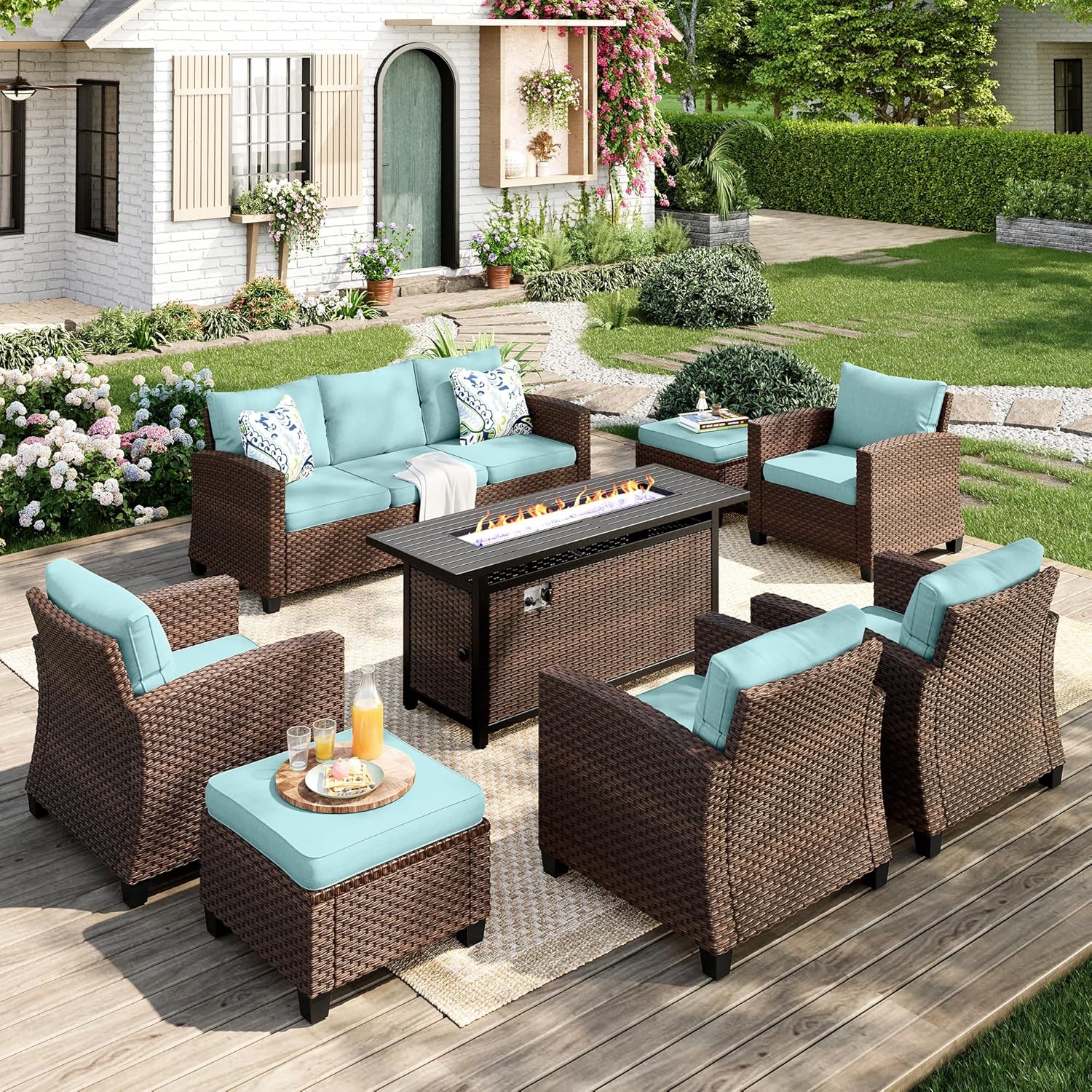 Patio Furniture Set, 8 Pcs Wicker Rattan Outdoor Conversation Set, 4 x Leg Chairs, 1 x 3 Seater Sofa and 2 x Ottoman with 4" Thick Cushion and 56" Fire Pit Table, Beige