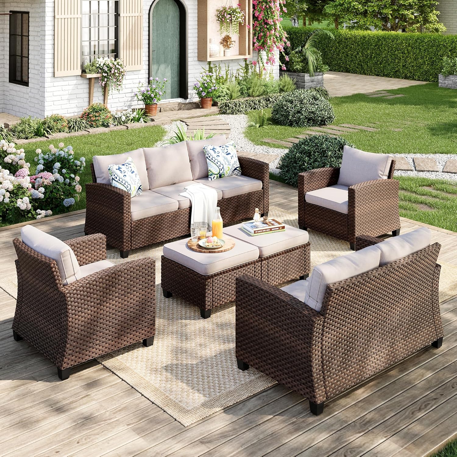 Patio Furniture Set, 8 Pcs Wicker Rattan Outdoor Conversation Set, 4 x Leg Chairs, 1 x 3 Seater Sofa and 2 x Ottoman with 4" Thick Cushion and 56" Fire Pit Table, Beige
