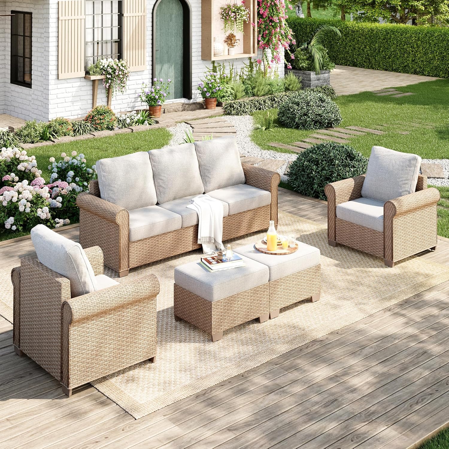 Patio Furniture Set 4 pcs, Wicker Outdoor Patio Furniture, 3-Seat Sofa, 2 Single Chairs and Coffee Table, Rattan Patio Conversation Set for Backyard Deck, Beige