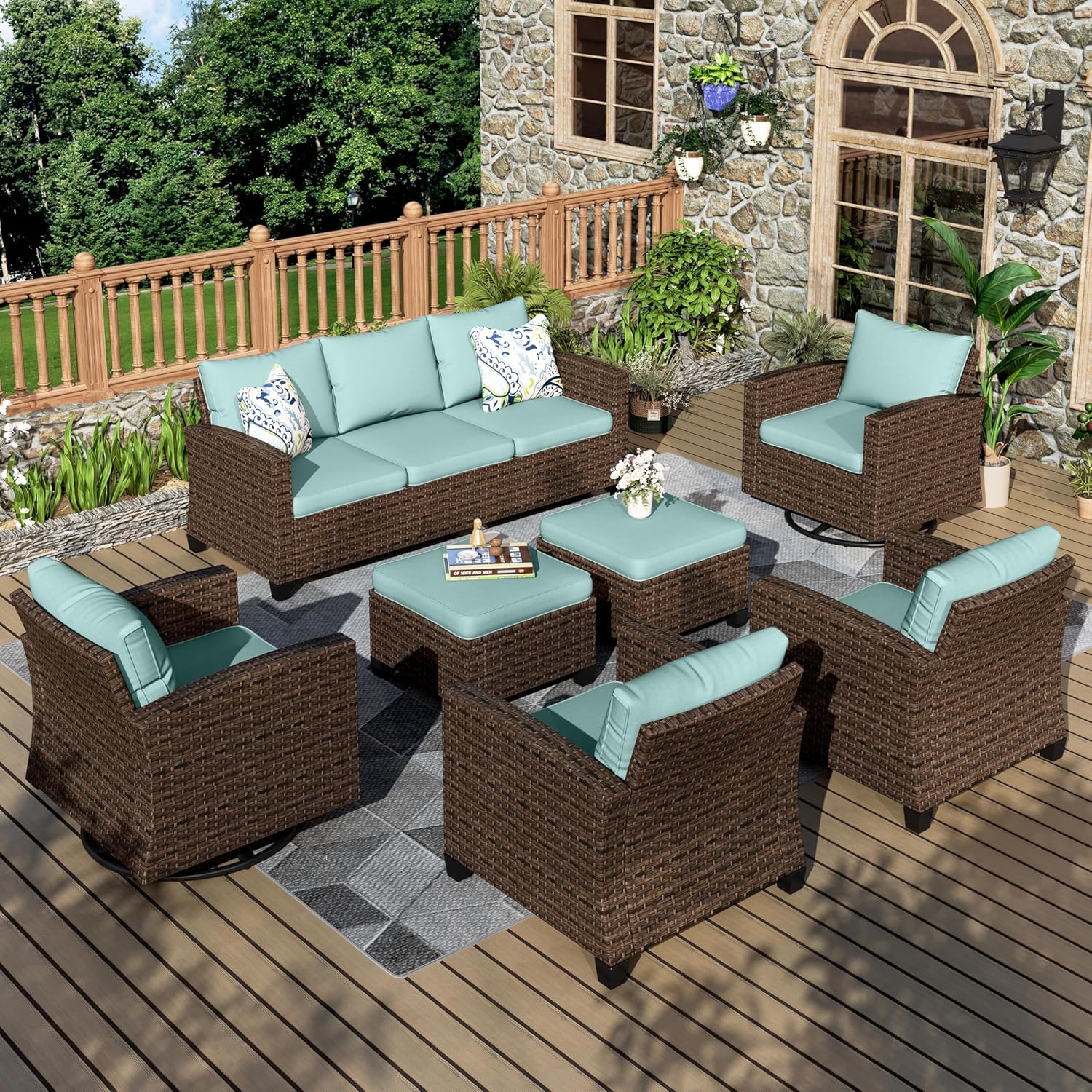 Patio Furniture Set, 8 Pcs Wicker Rattan Outdoor Conversation Set, 4 x Leg Chairs, 1 x 3 Seater Sofa and 2 x Ottoman with 4" Thick Cushion and 56" Fire Pit Table, Beige