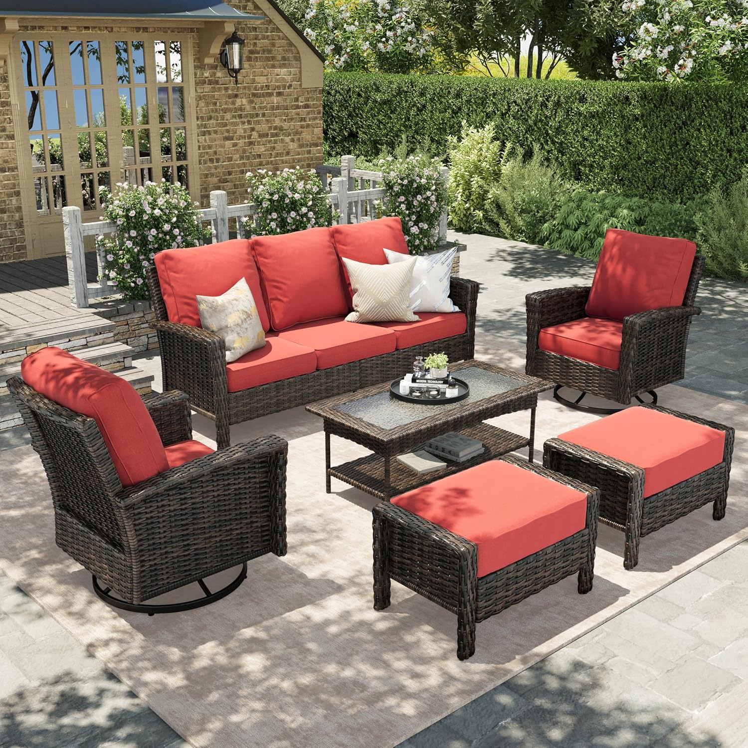 HERA'S HOUSE Patio Furniture Set with Swivel Chairs, High Back Outdoor Wicker Furniture with 5.5" Thick Cushions, Outside Conversation Sofa Sets for Backyard Deck Lawn, Beige