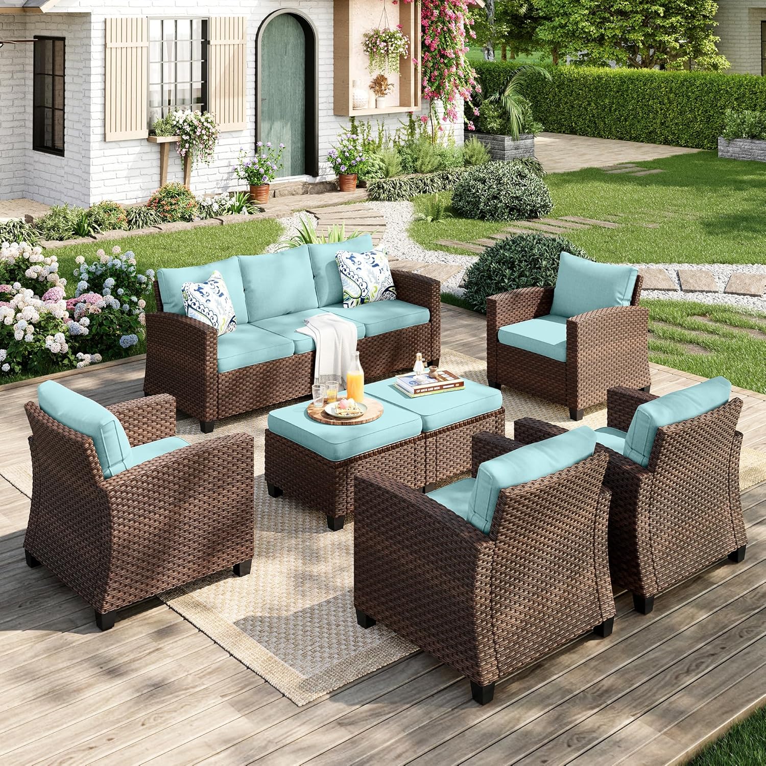 Patio Furniture Set, 8 Pcs Wicker Rattan Outdoor Conversation Set, 4 x Leg Chairs, 1 x 3 Seater Sofa and 2 x Ottoman with 4" Thick Cushion and 56" Fire Pit Table, Beige