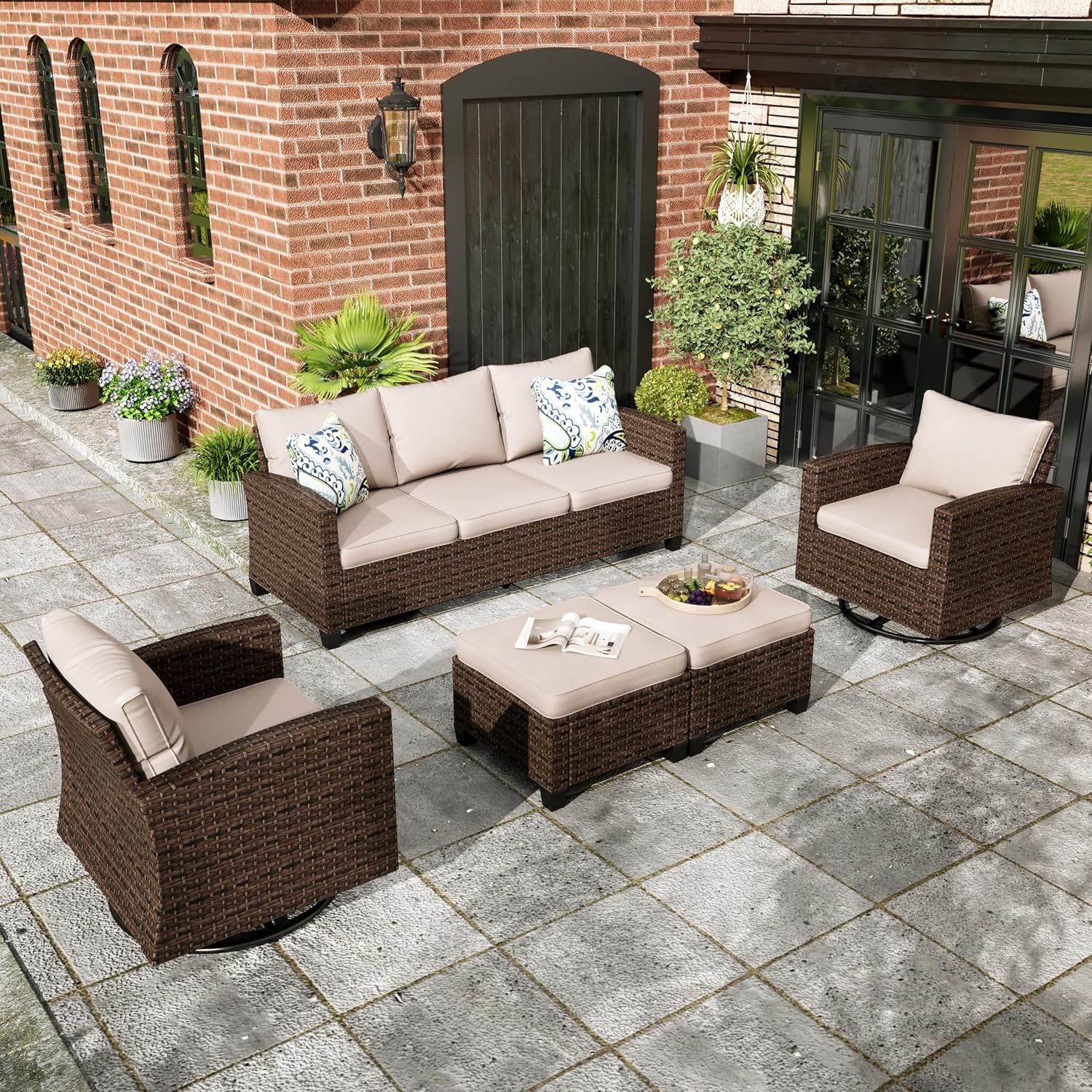 Patio Furniture Set, 8 Pcs Wicker Rattan Outdoor Conversation Set, 4 x Leg Chairs, 1 x 3 Seater Sofa and 2 x Ottoman with 4" Thick Cushion and 56" Fire Pit Table, Beige