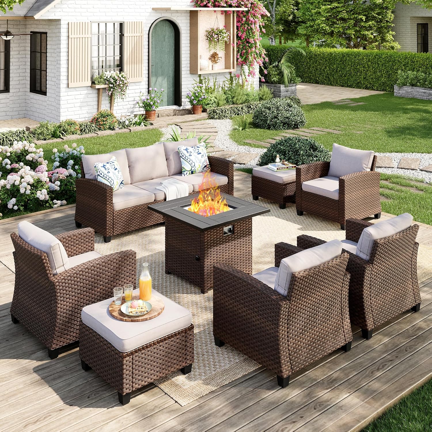 Patio Furniture Set, 8 Pcs Wicker Rattan Outdoor Conversation Set, 4 x Leg Chairs, 1 x 3 Seater Sofa and 2 x Ottoman with 4" Thick Cushion and 56" Fire Pit Table, Beige