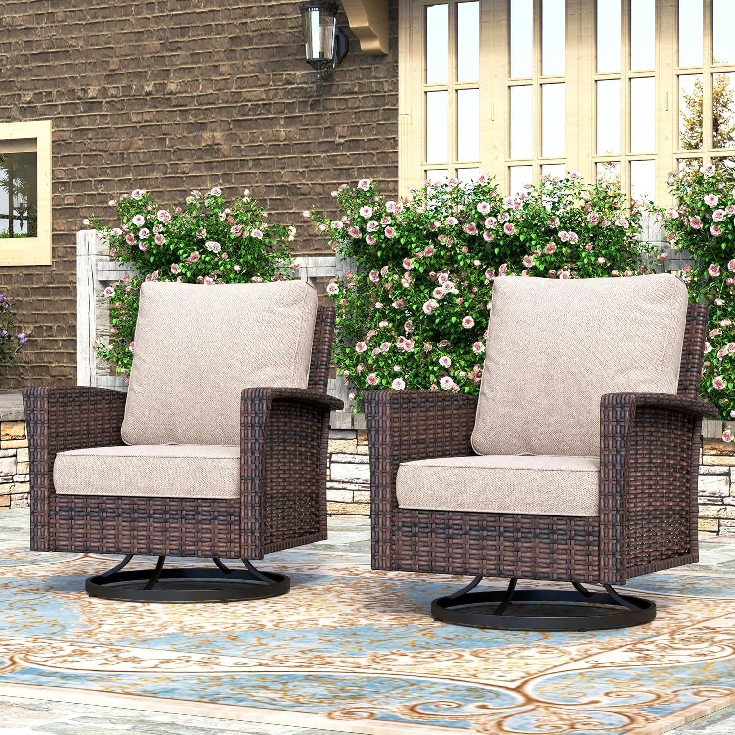 HERA'S HOUSE Patio Furniture Set with Swivel Chairs, High Back Outdoor Wicker Furniture with 5.5" Thick Cushions, Outside Conversation Sofa Sets for Backyard Deck Lawn, Beige