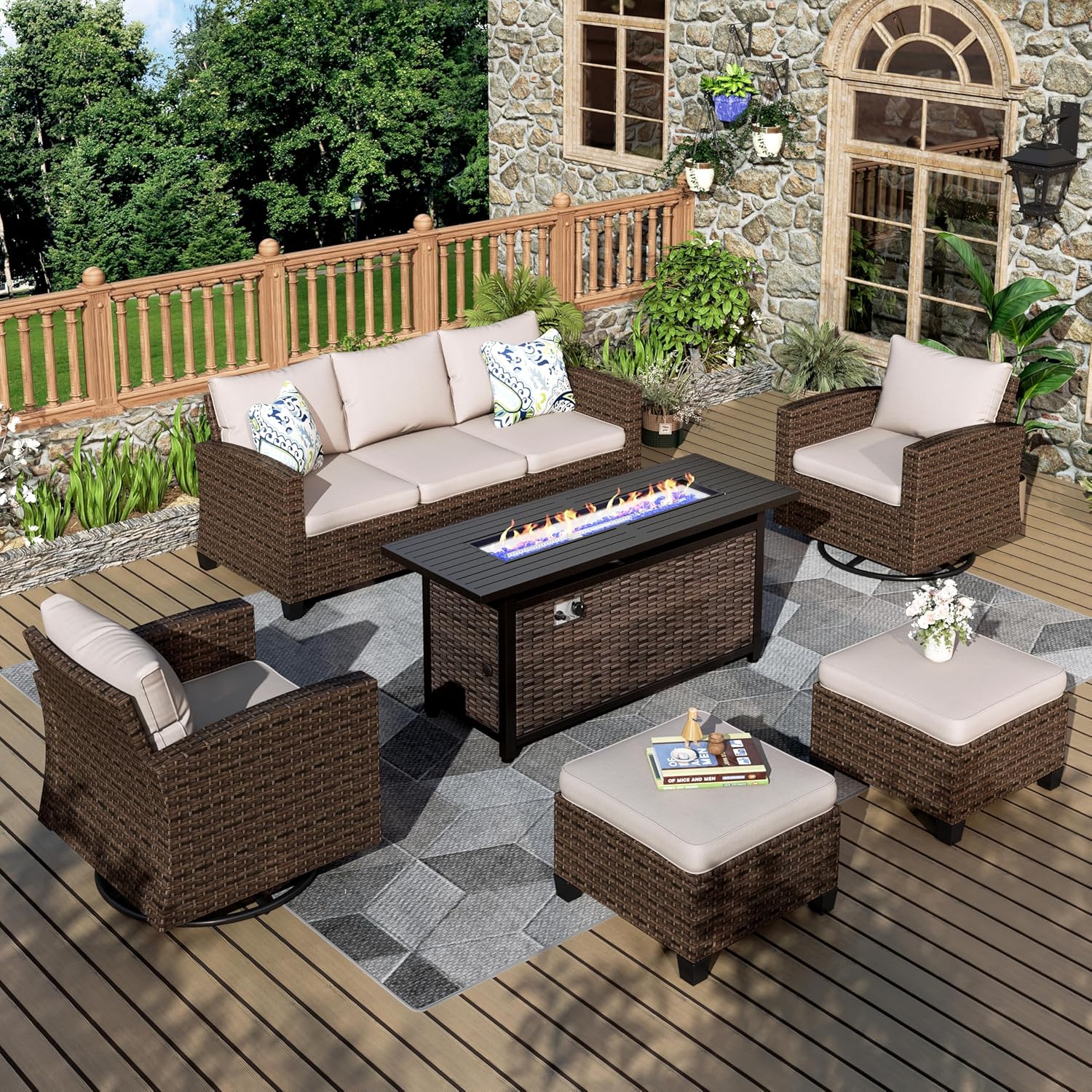Patio Furniture Set, 8 Pcs Wicker Rattan Outdoor Conversation Set, 4 x Leg Chairs, 1 x 3 Seater Sofa and 2 x Ottoman with 4" Thick Cushion and 56" Fire Pit Table, Beige