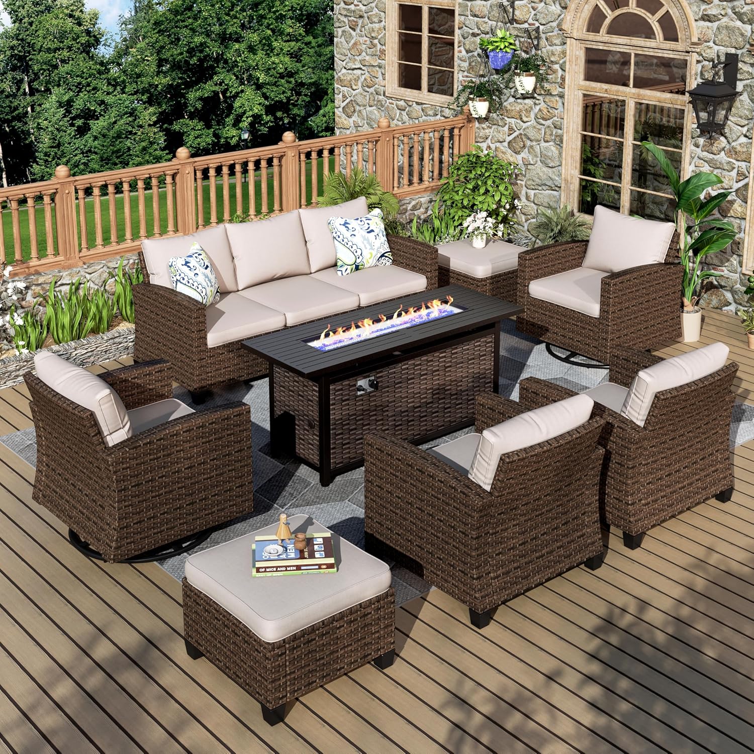 Patio Furniture Set, 8 Pcs Wicker Rattan Outdoor Conversation Set, 4 x Leg Chairs, 1 x 3 Seater Sofa and 2 x Ottoman with 4" Thick Cushion and 56" Fire Pit Table, Beige
