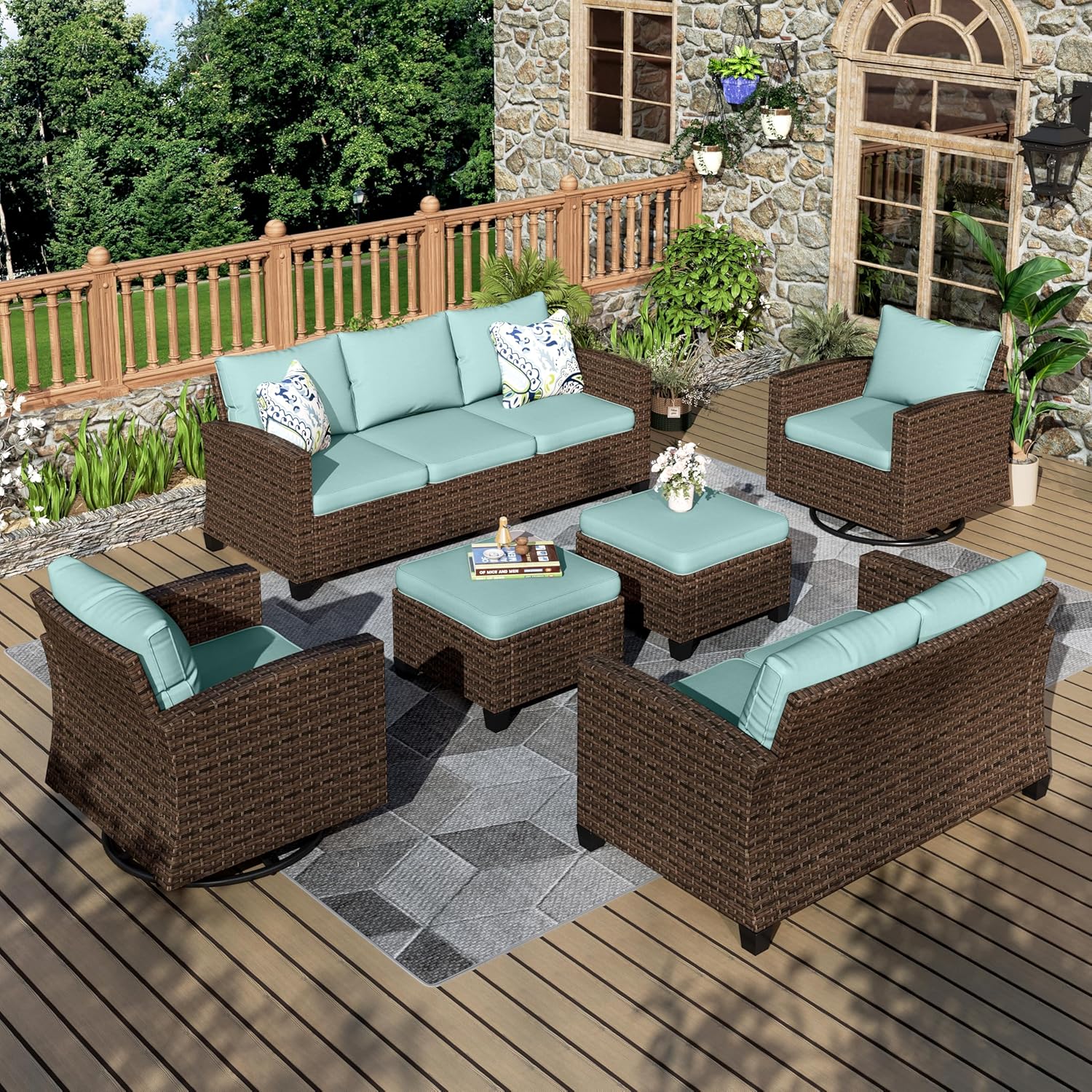 Patio Furniture Set, 8 Pcs Wicker Rattan Outdoor Conversation Set, 4 x Leg Chairs, 1 x 3 Seater Sofa and 2 x Ottoman with 4" Thick Cushion and 56" Fire Pit Table, Beige