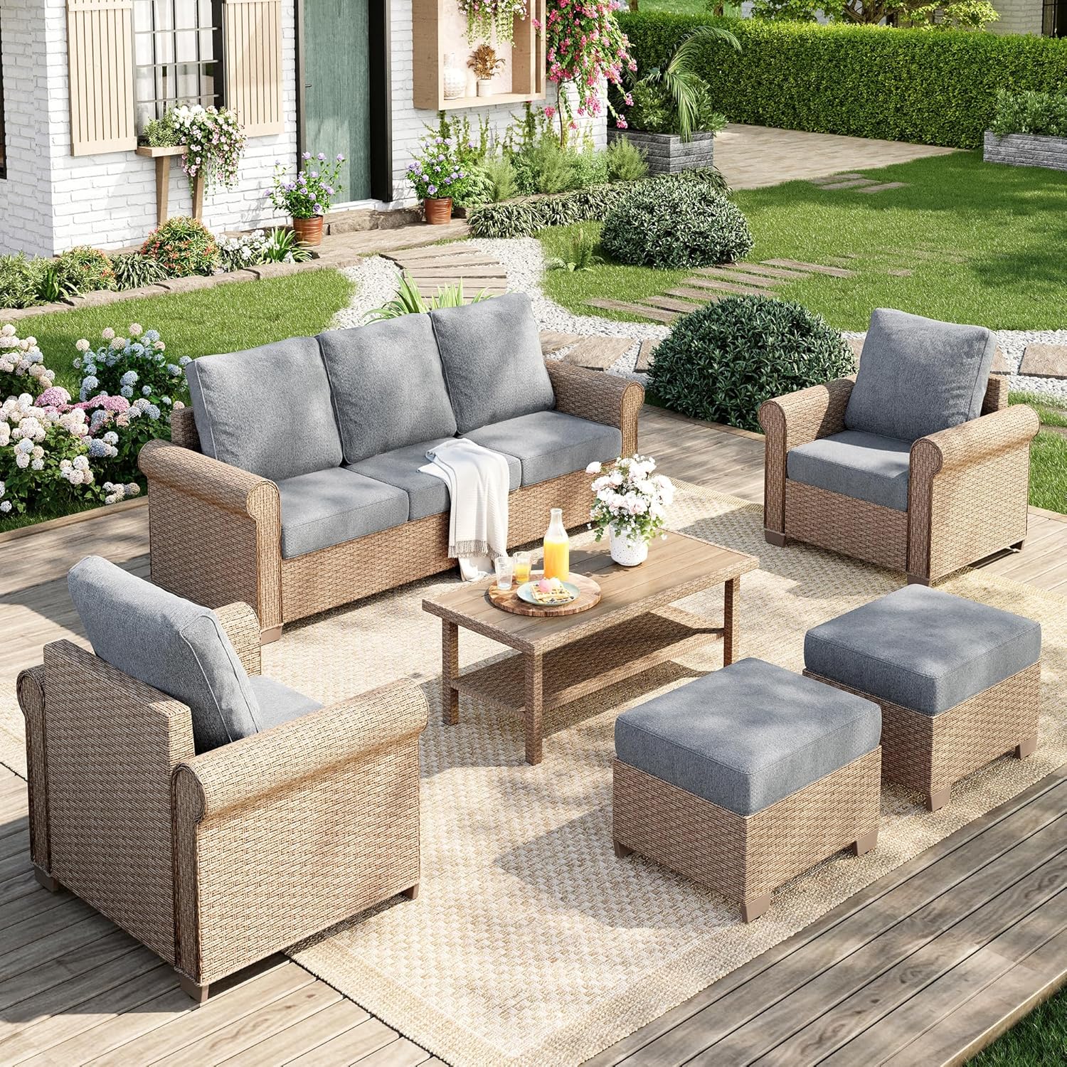 Patio Furniture Set 4 pcs, Wicker Outdoor Patio Furniture, 3-Seat Sofa, 2 Single Chairs and Coffee Table, Rattan Patio Conversation Set for Backyard Deck, Beige