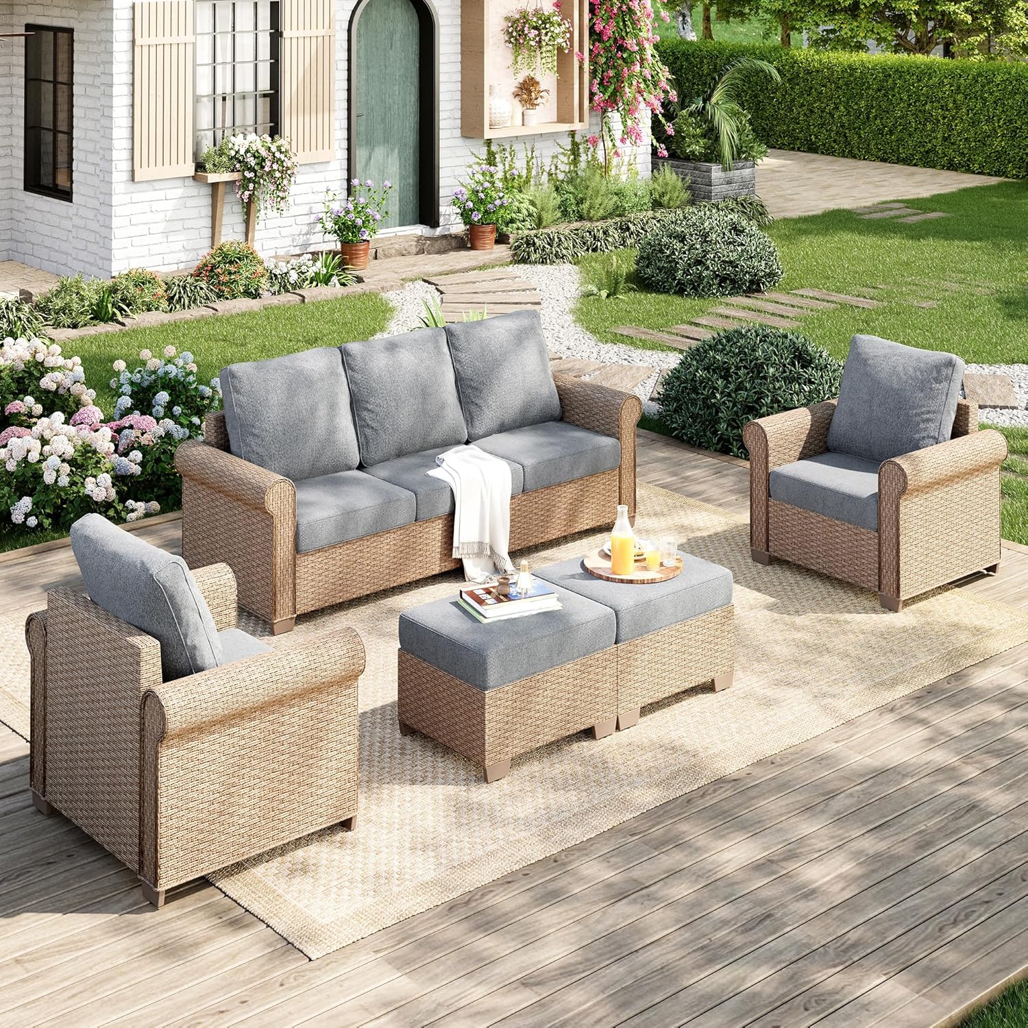 Patio Furniture Set 4 pcs, Wicker Outdoor Patio Furniture, 3-Seat Sofa, 2 Single Chairs and Coffee Table, Rattan Patio Conversation Set for Backyard Deck, Beige