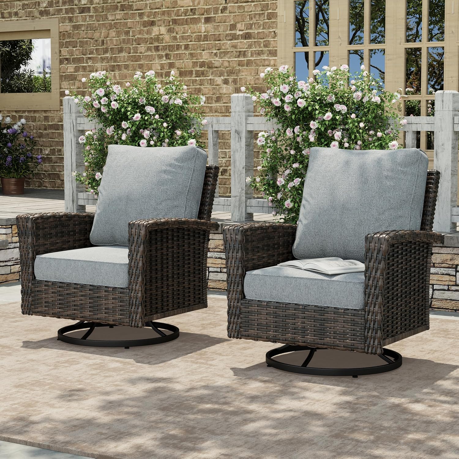 HERA'S HOUSE Patio Furniture Set with Swivel Chairs, High Back Outdoor Wicker Furniture with 5.5" Thick Cushions, Outside Conversation Sofa Sets for Backyard Deck Lawn, Beige