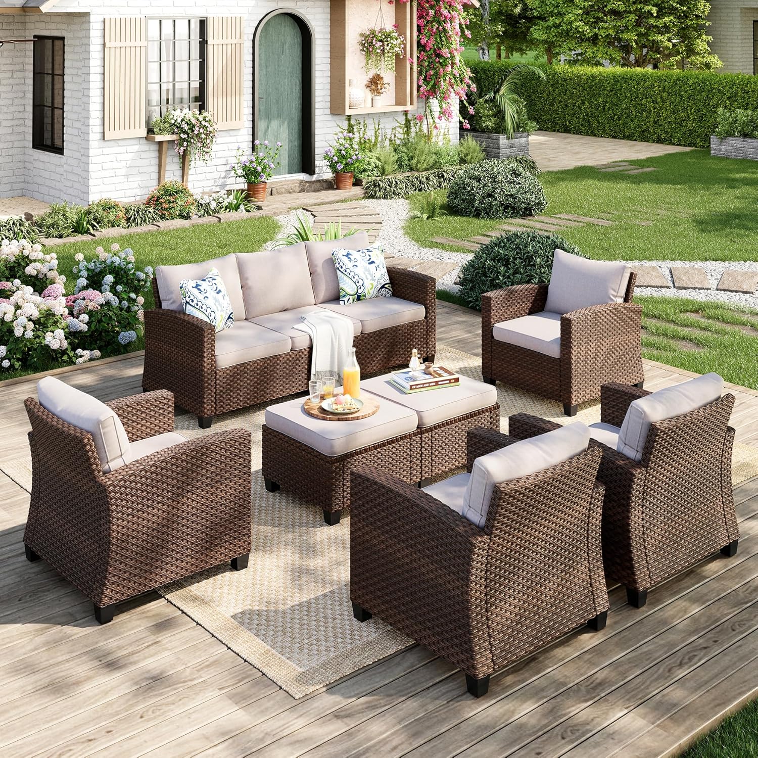 Patio Furniture Set, 8 Pcs Wicker Rattan Outdoor Conversation Set, 4 x Leg Chairs, 1 x 3 Seater Sofa and 2 x Ottoman with 4" Thick Cushion and 56" Fire Pit Table, Beige