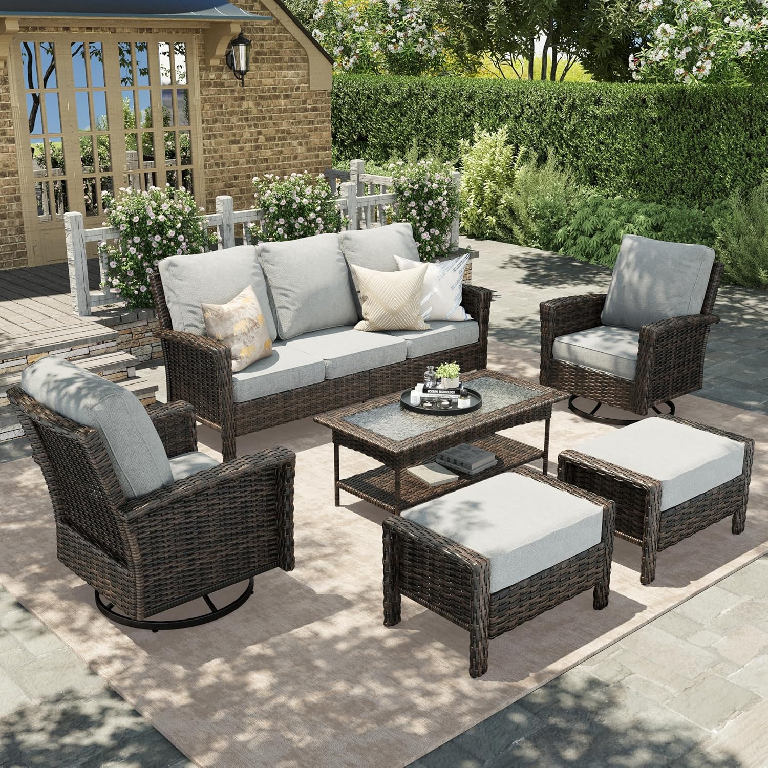 HERA'S HOUSE Patio Furniture Set with Swivel Chairs, High Back Outdoor Wicker Furniture with 5.5" Thick Cushions, Outside Conversation Sofa Sets for Backyard Deck Lawn, Beige