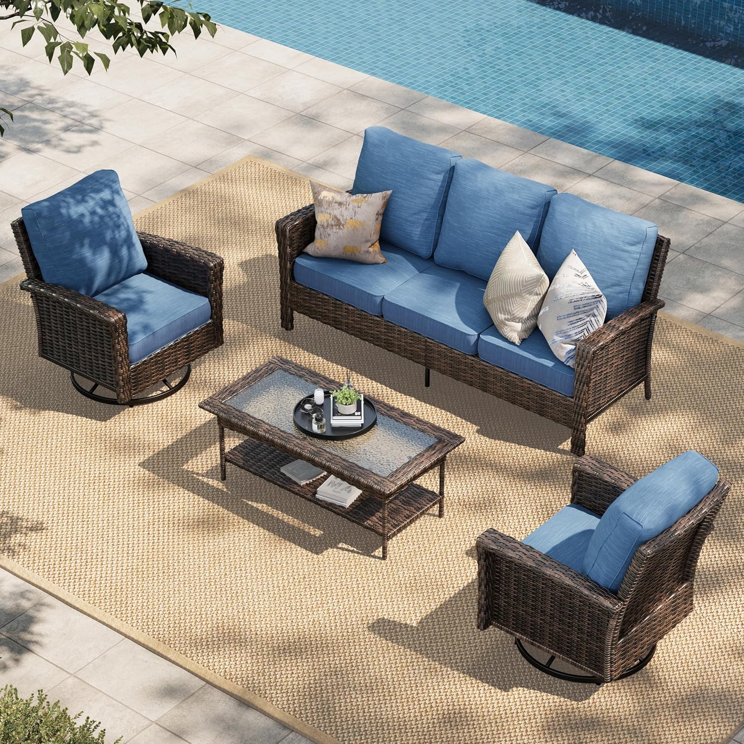 HERA'S HOUSE Patio Furniture Set with Swivel Chairs, High Back Outdoor Wicker Furniture with 5.5" Thick Cushions, Outside Conversation Sofa Sets for Backyard Deck Lawn, Beige