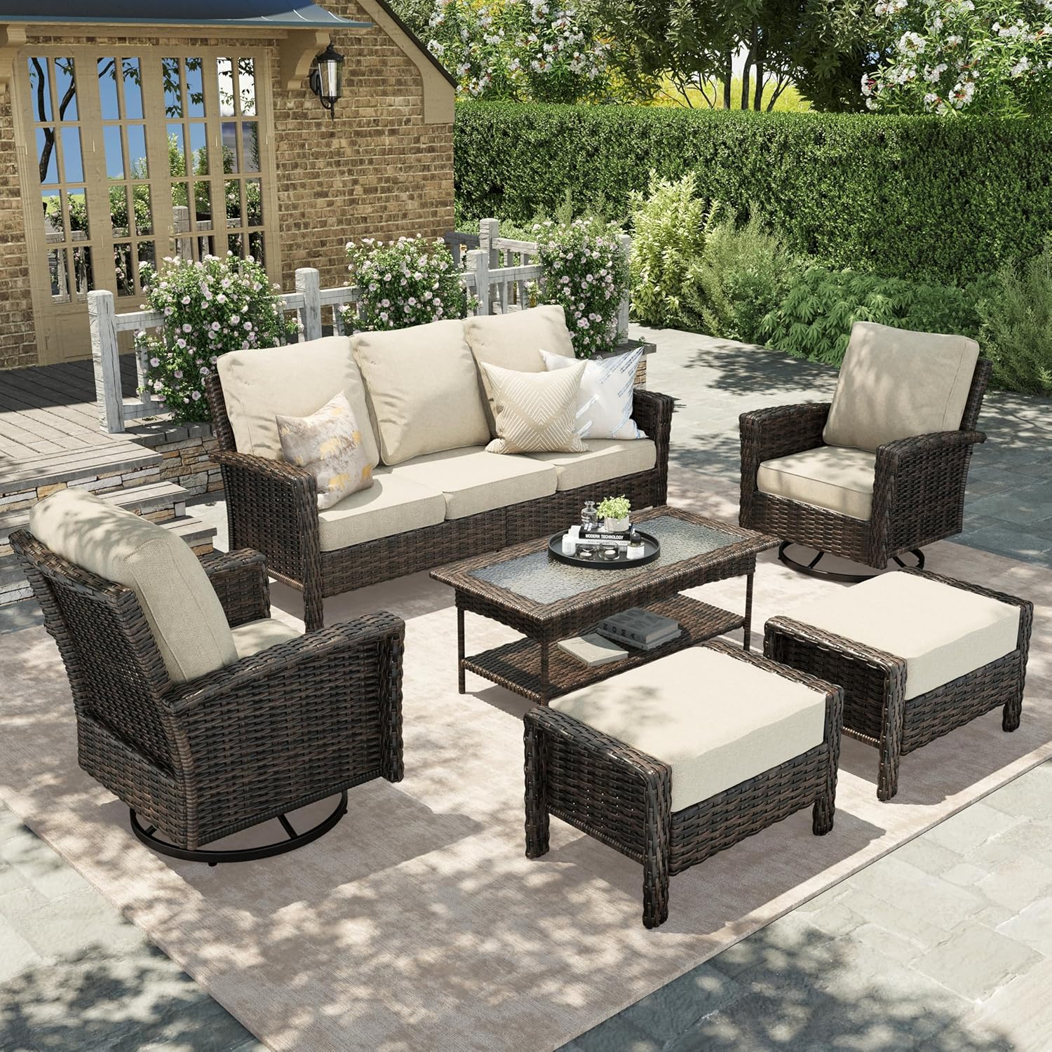 HERA'S HOUSE Patio Furniture Set with Swivel Chairs, High Back Outdoor Wicker Furniture with 5.5" Thick Cushions, Outside Conversation Sofa Sets for Backyard Deck Lawn, Beige