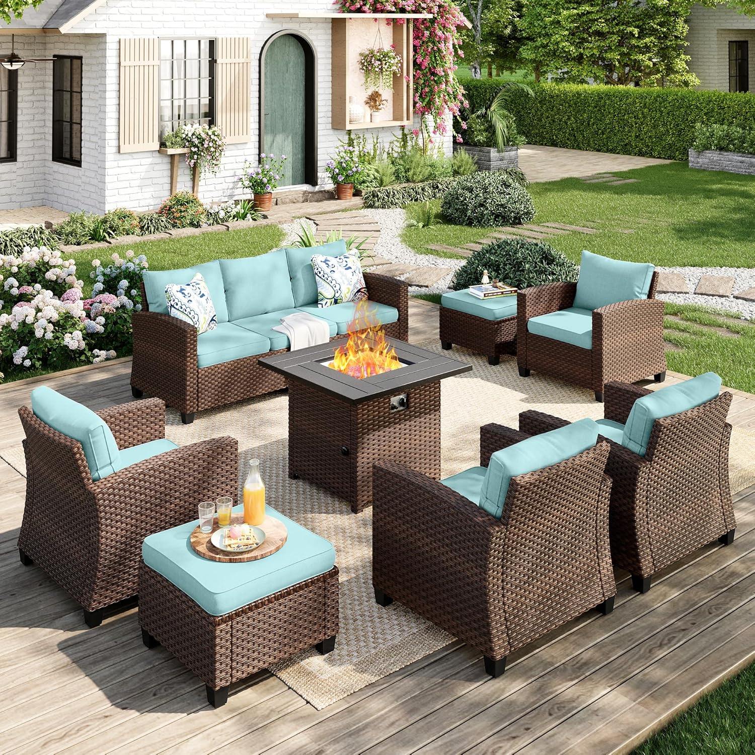Patio Furniture Set, 8 Pcs Wicker Rattan Outdoor Conversation Set, 4 x Leg Chairs, 1 x 3 Seater Sofa and 2 x Ottoman with 4" Thick Cushion and 56" Fire Pit Table, Beige