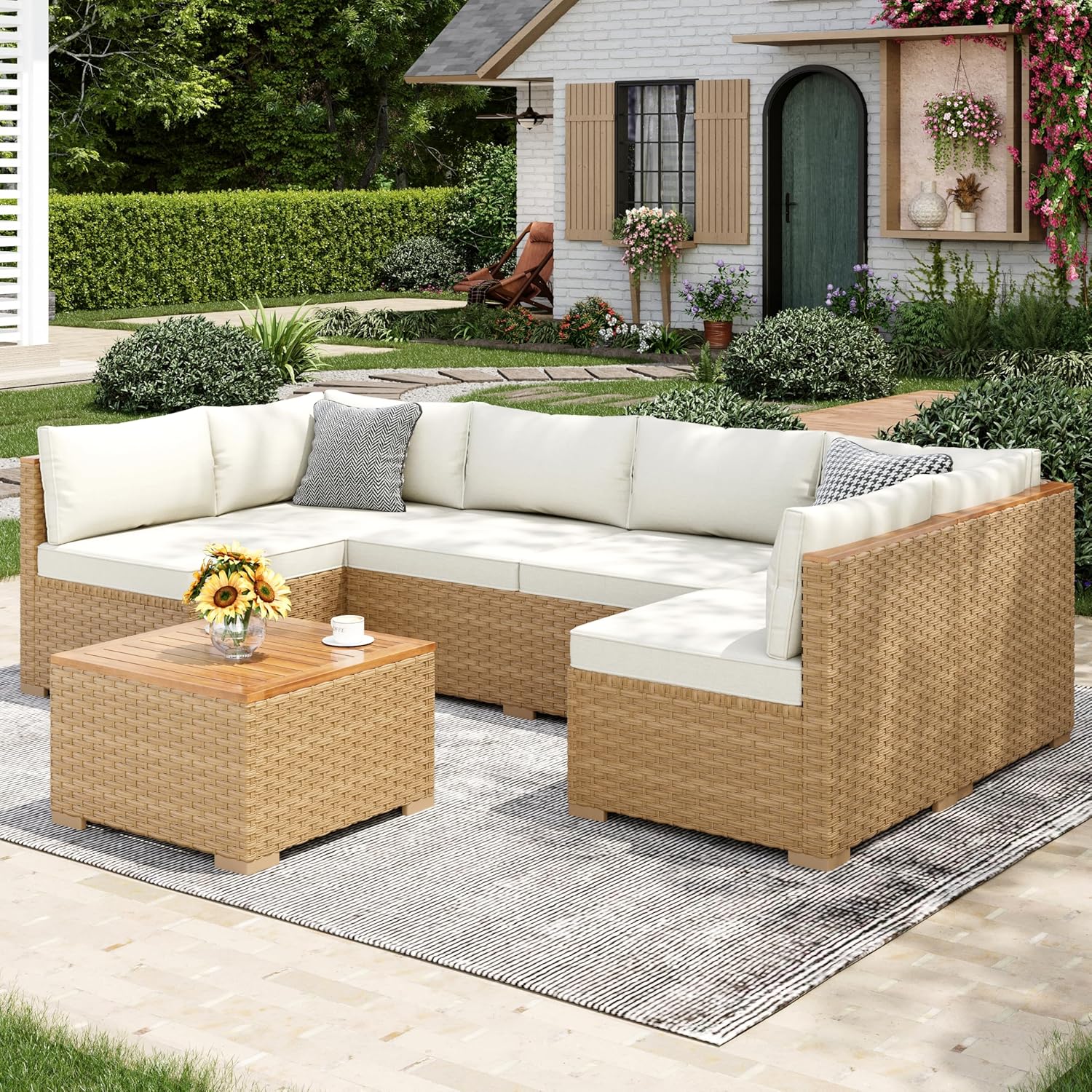 Wicker Outdoor Patio Furniture Set 3 Pieces Patio Chaise Longue Conversation Set, Rattan L-Shaped Sofa Couch with Acacia Wood Coffee Table for Deck Porch and Garden