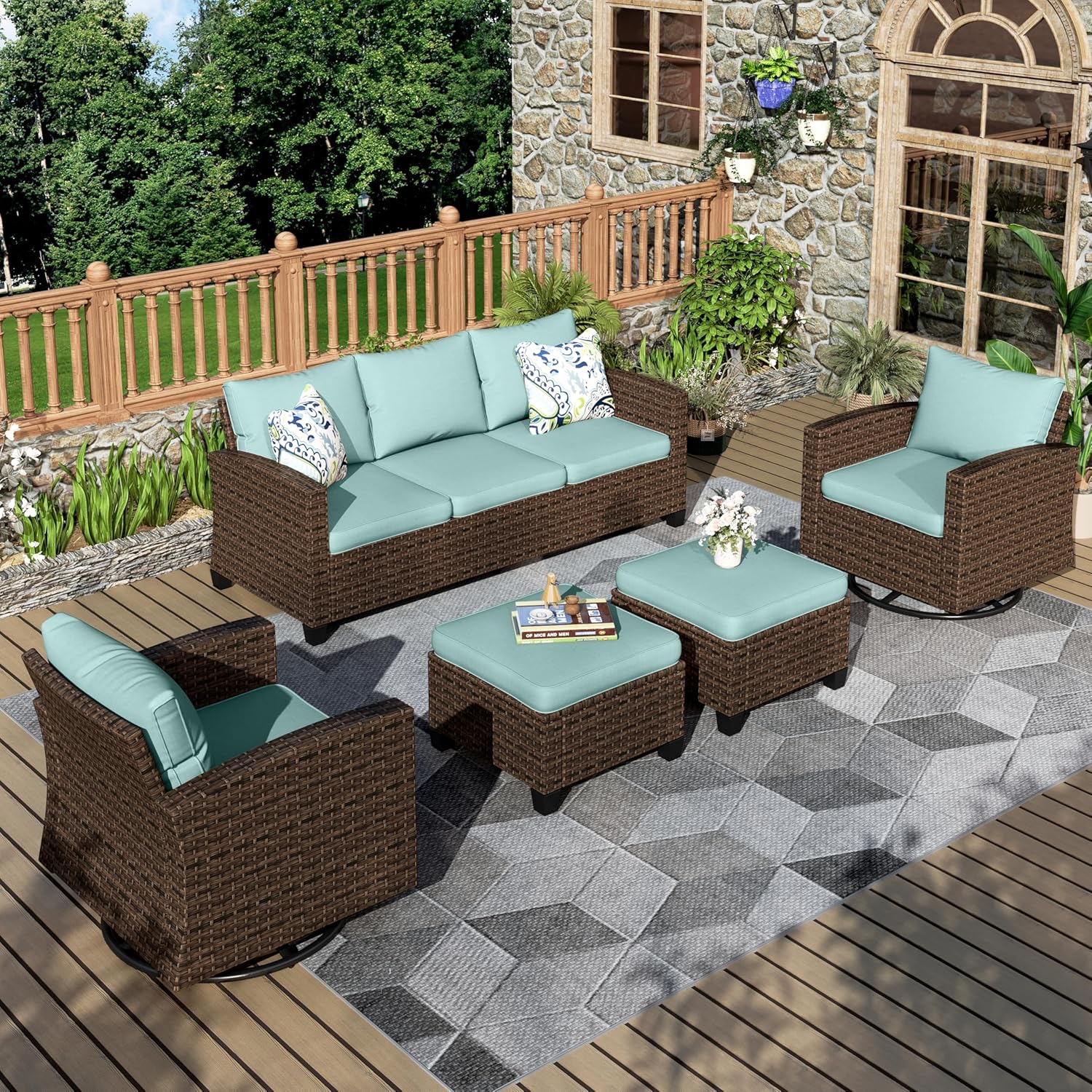 Patio Furniture Set, 8 Pcs Wicker Rattan Outdoor Conversation Set, 4 x Leg Chairs, 1 x 3 Seater Sofa and 2 x Ottoman with 4" Thick Cushion and 56" Fire Pit Table, Beige
